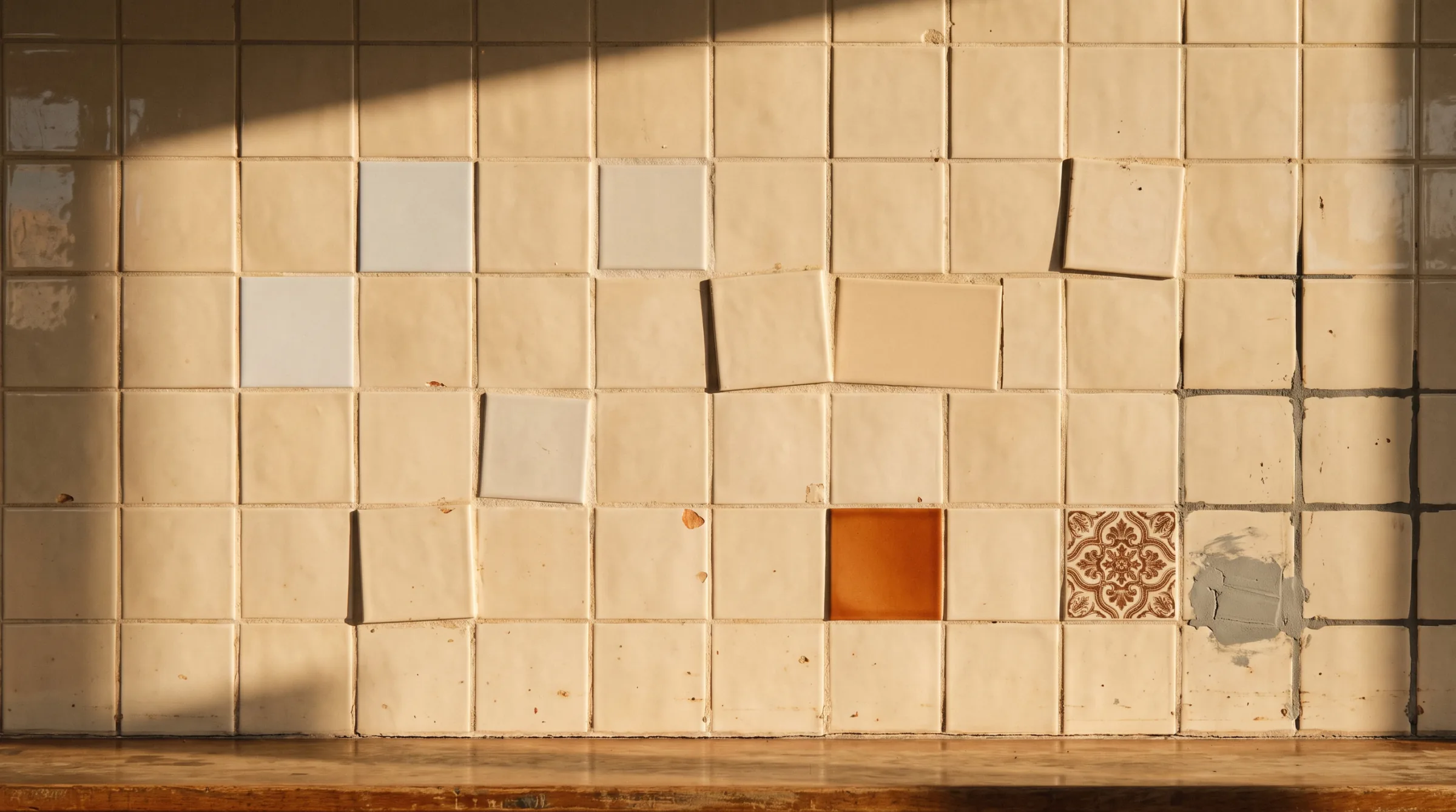 A cream tiled wall patched with tiles that don’t match: whiter ones, crooked ones, an orange one and a patterned one.