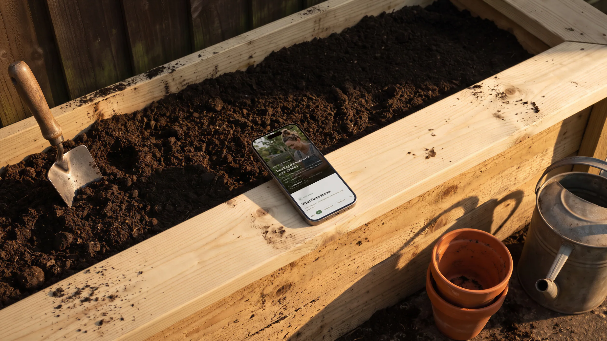 A gardening app’s Field Notes page on a phone lying on the rail of a raised bed of raked soil, nothing yet planted.
