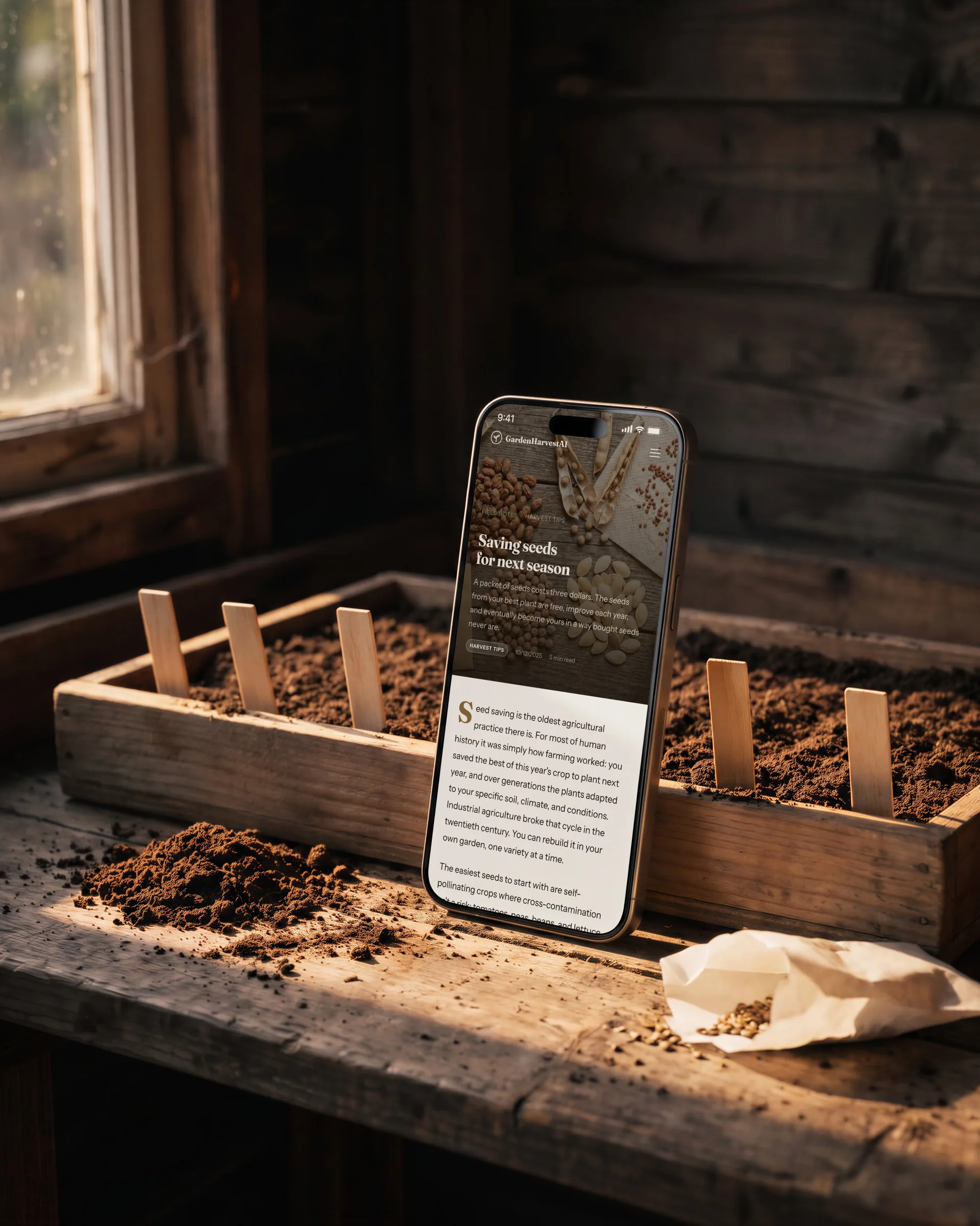 A gardening app’s guide, “Saving seeds for next season”, on a phone leaning on a seed tray with blank wooden labels.