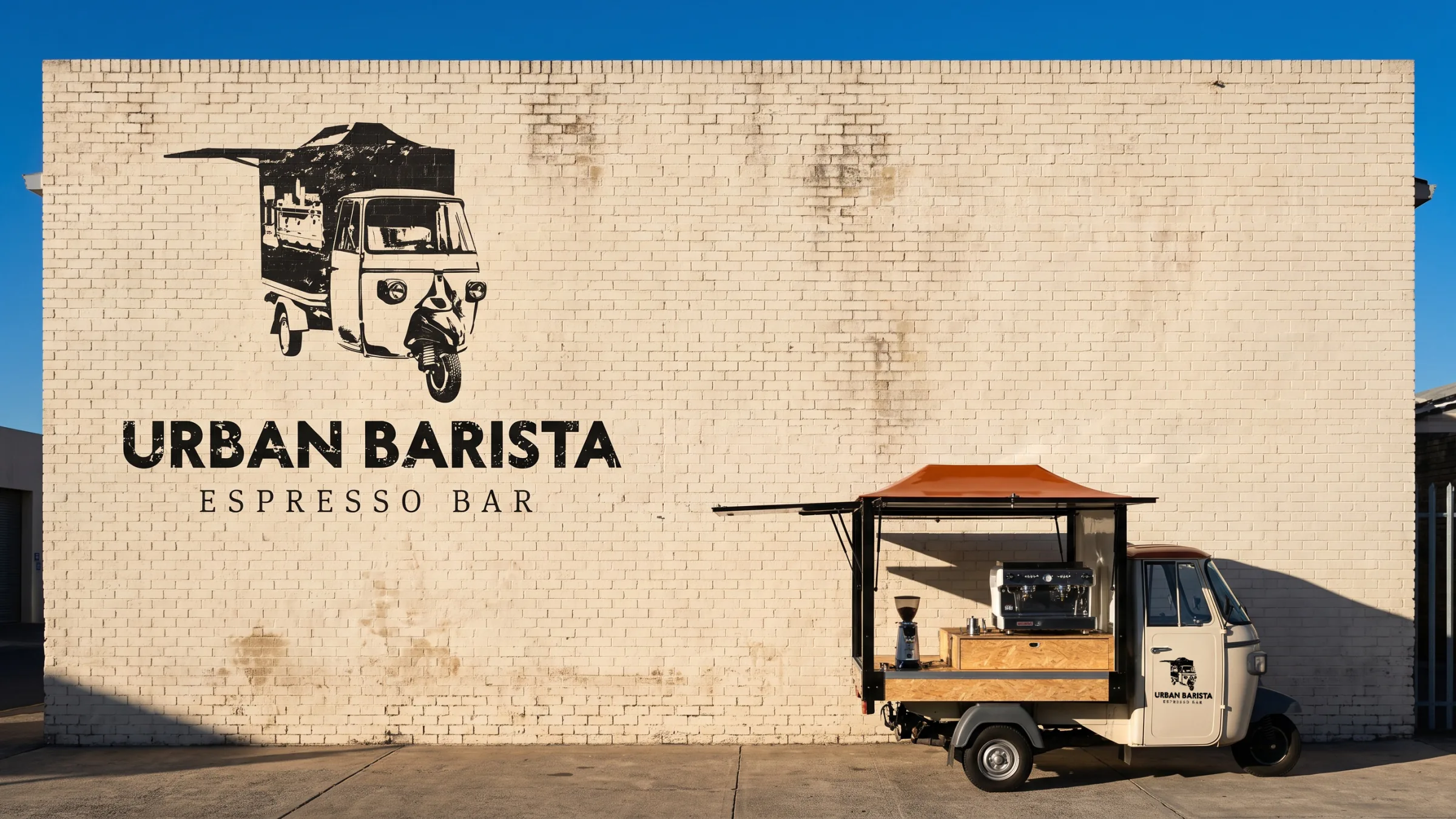 Urban Barista’s logo painted large on a cream brick wall, the three-wheeled espresso cart it pictures parked in front.