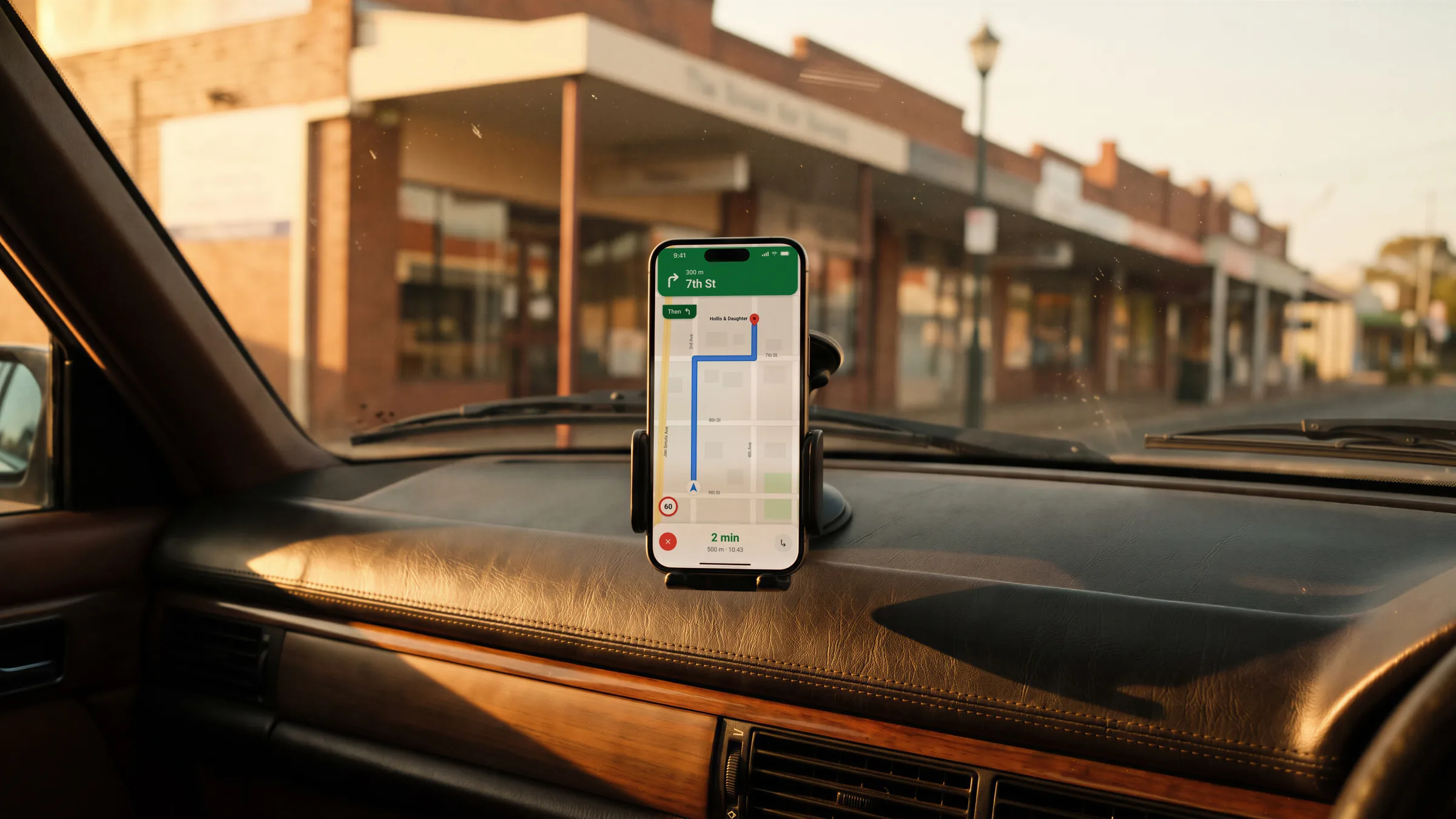 Google Maps directions to a deli on a phone in a car’s dash holder, brick shopfronts beyond the windscreen at golden hour.