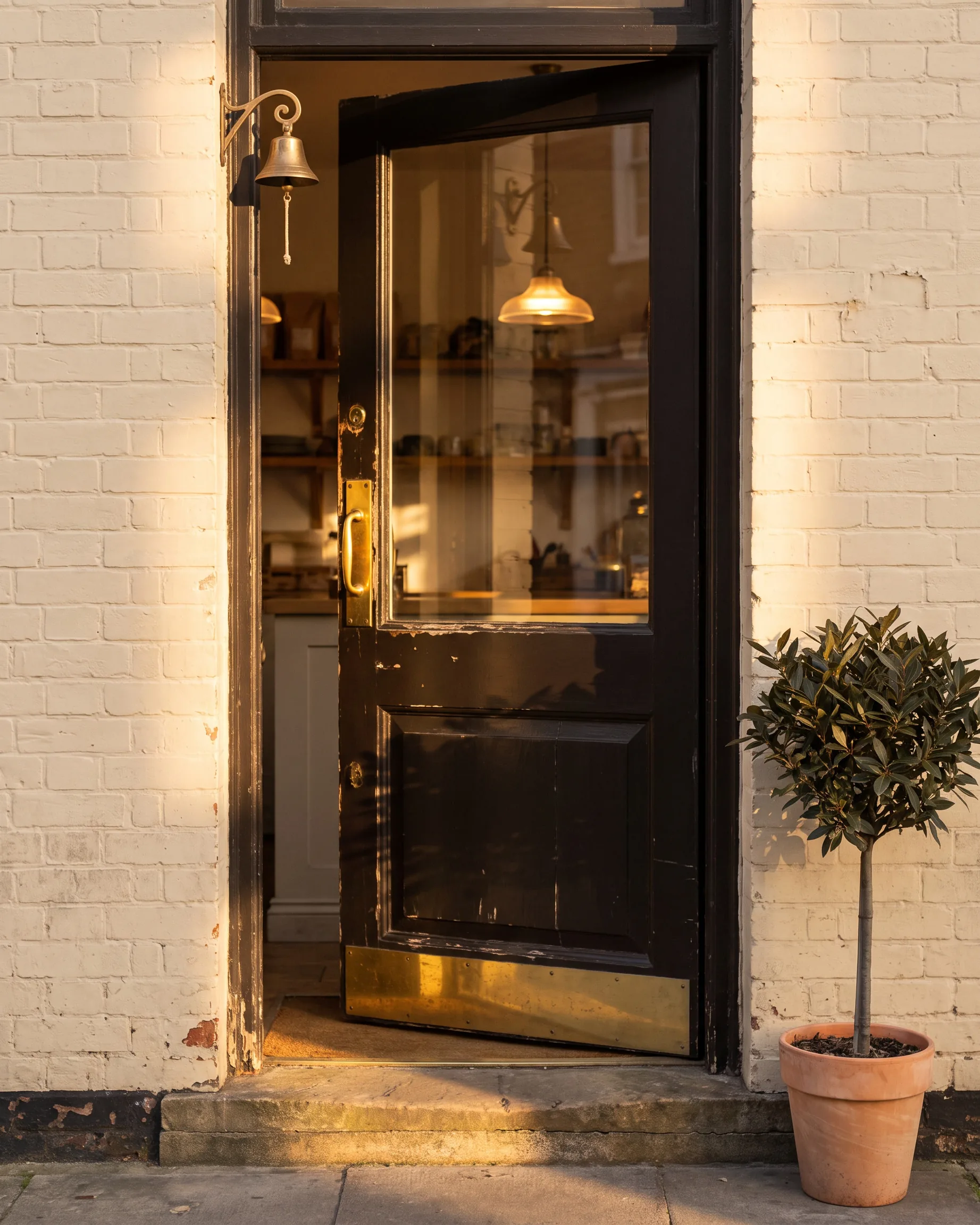 A shop’s black front door ajar at golden hour, shelves lit inside, a brass bell above it and a bay tree in a pot beside.