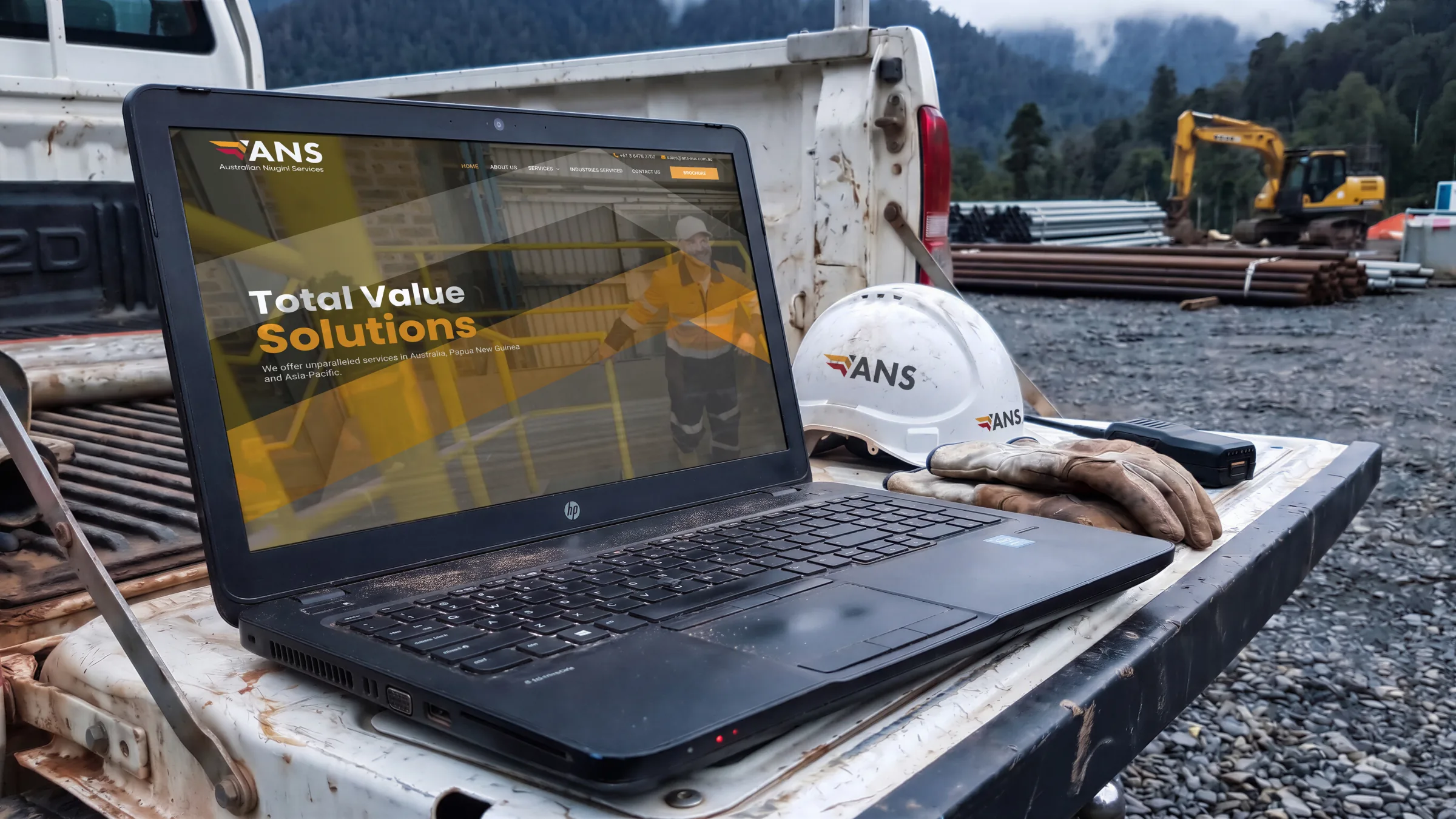 The home page: Total Value Solutions over a site worker, services below.