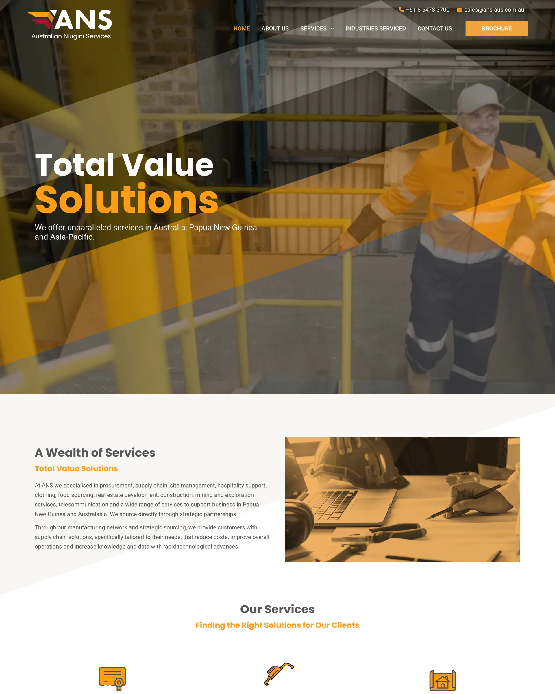 The Industries Serviced page: the sectors ANS works in, then its clients’ logos.