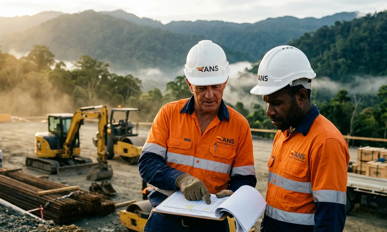 An ANS hard hat, high-visibility vest and gloves on a site office desk.