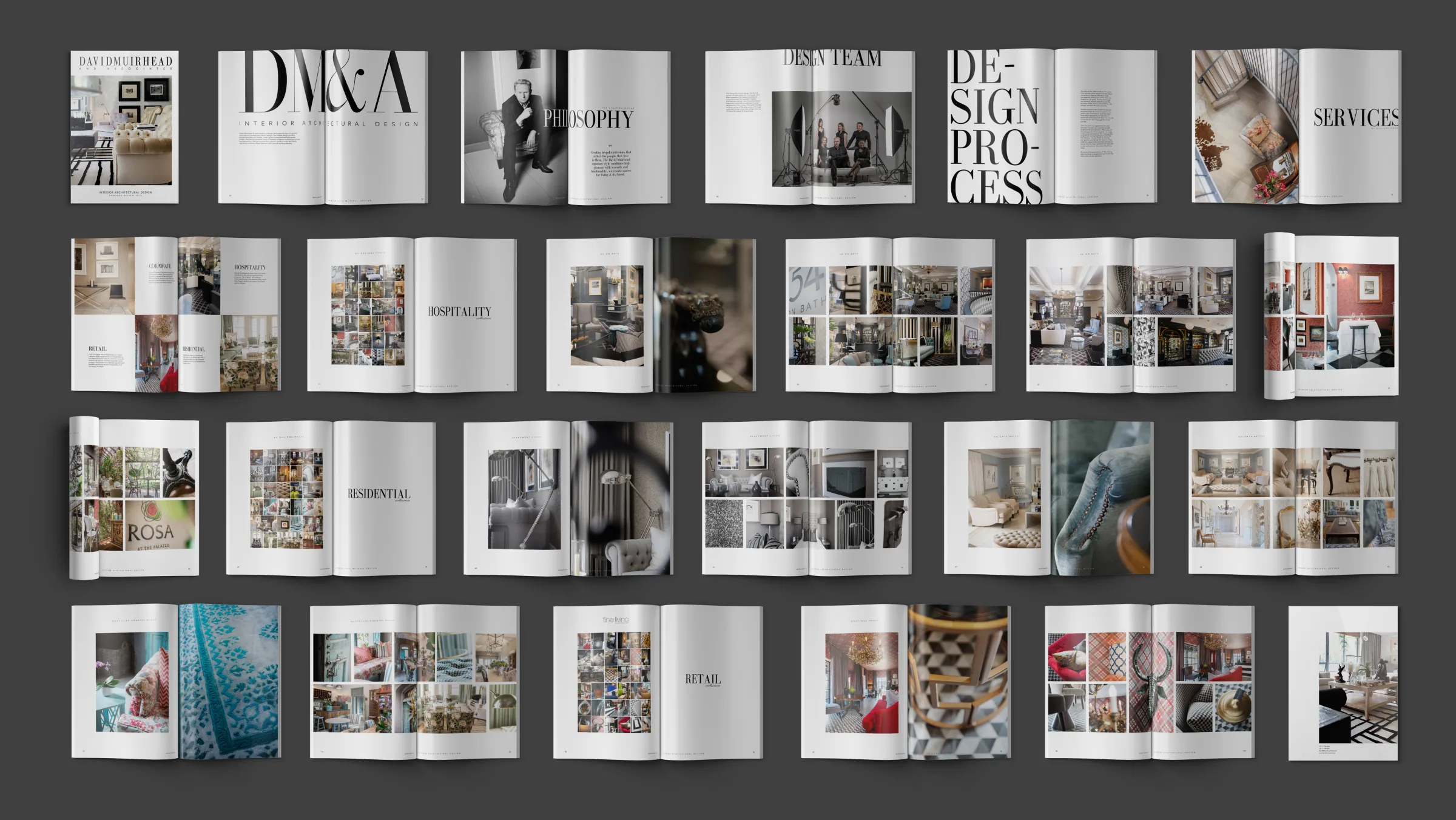 A flat-lay grid of the book’s spreads on a dark grey ground.