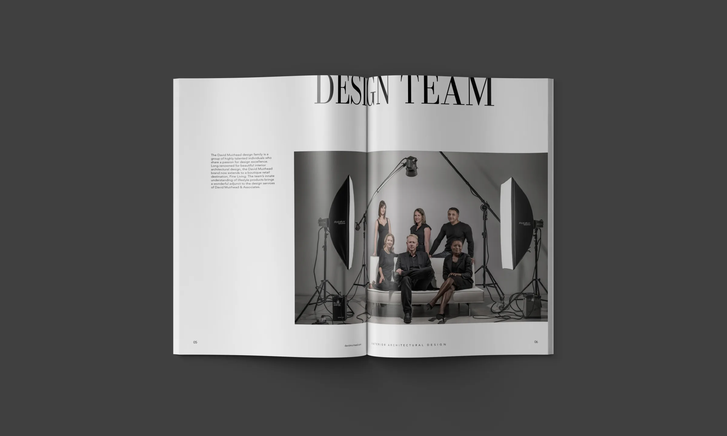 The Design Team spread: the studio photographed under lights across both pages.