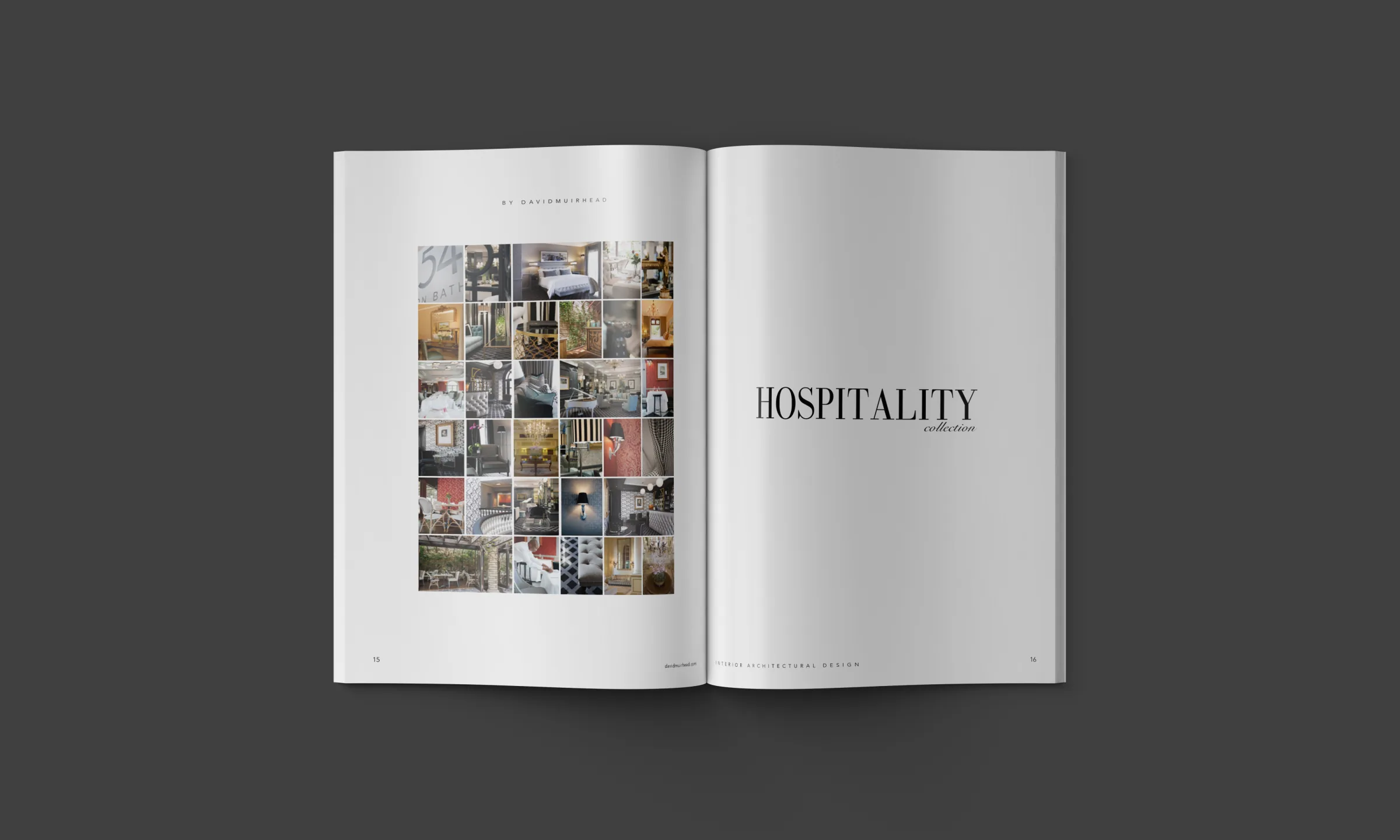 The Hospitality divider: a grid of hotel photographs facing the section title.