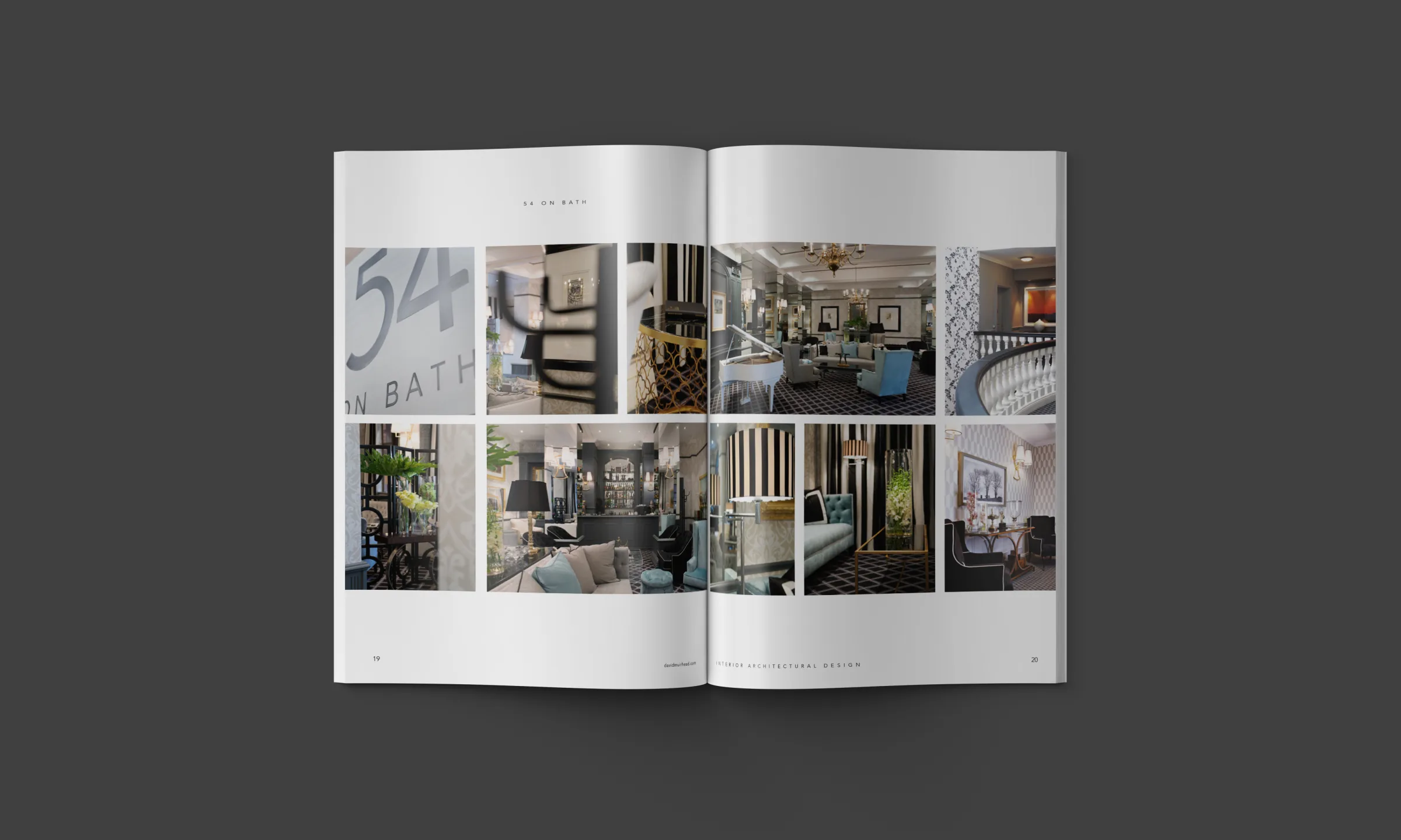 A 54 on Bath spread: the hotel’s lounge on one page, a dark close-up of a carved detail on the other.