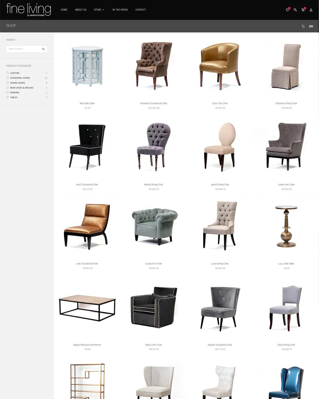 The Louisa Arm Chair’s page: its fabric swatches beside the chair, related chairs below.