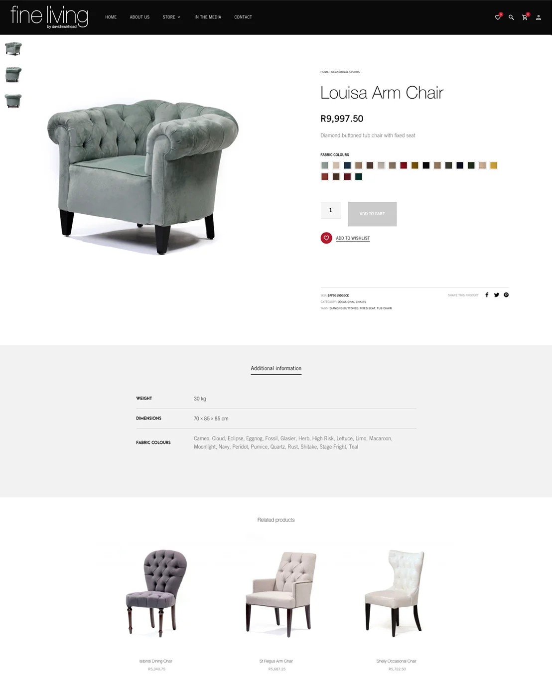 The Louisa Arm Chair’s page: the chair, its price and its fabric swatches.