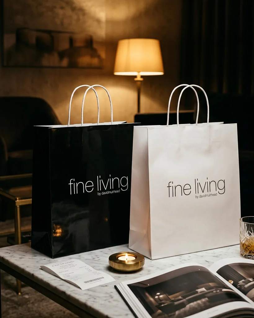 Black and white Fine Living bags on a marble table in the showroom.