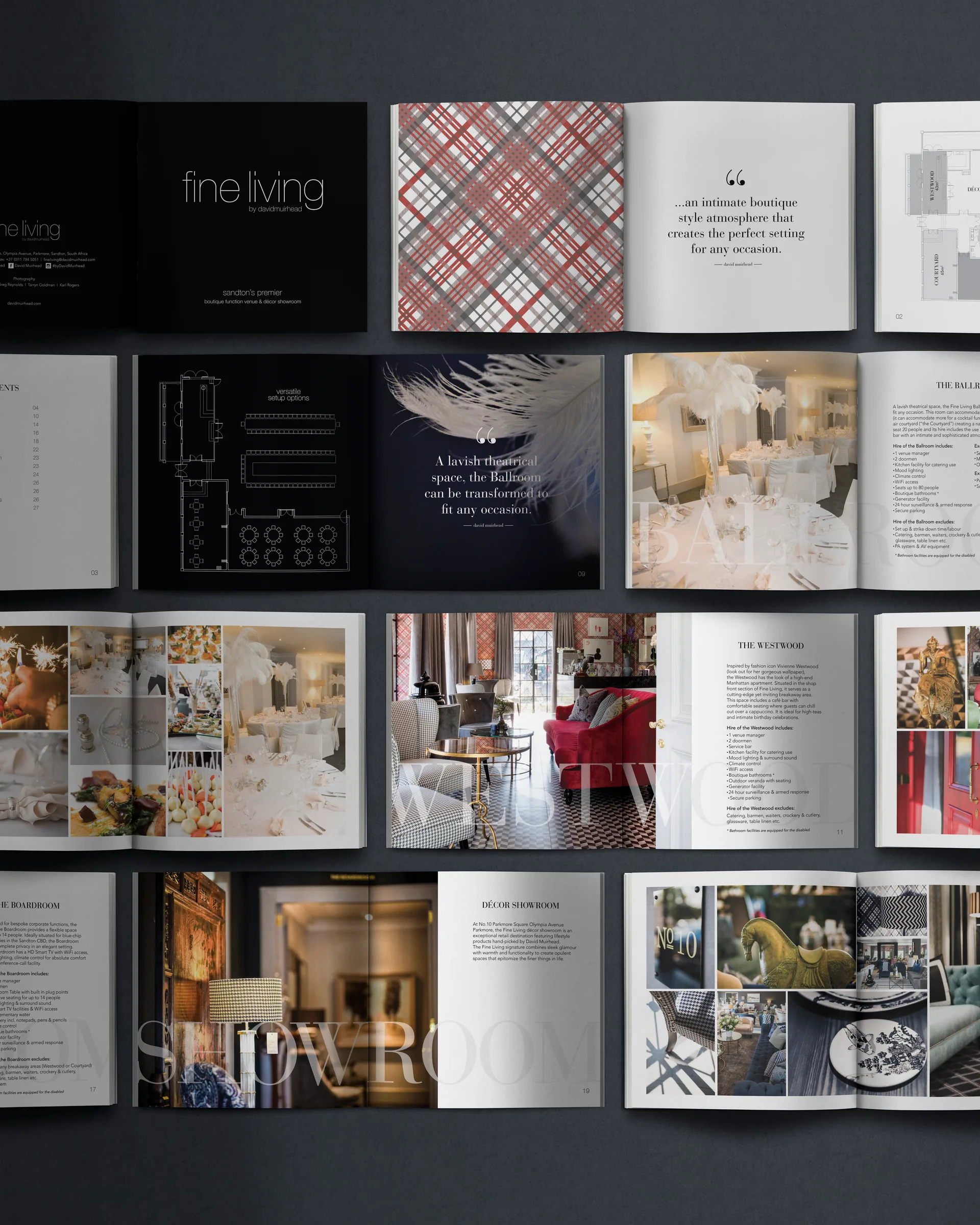 Spreads from the Fine Living function venue brochure: cover, pull quote, floor plans, rooms.