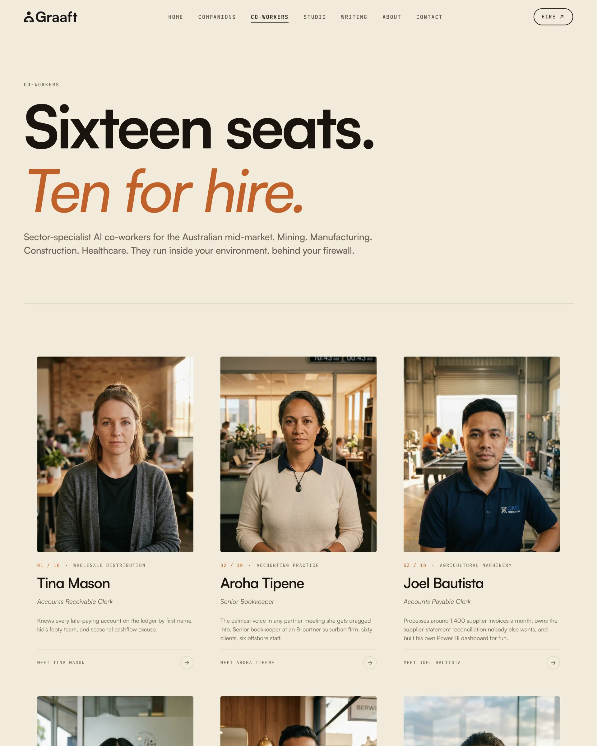 The co-workers page from its real top: Sixteen seats. Ten for hire., then profile cards, each a portrait, sector, name, role and one line, in one order.