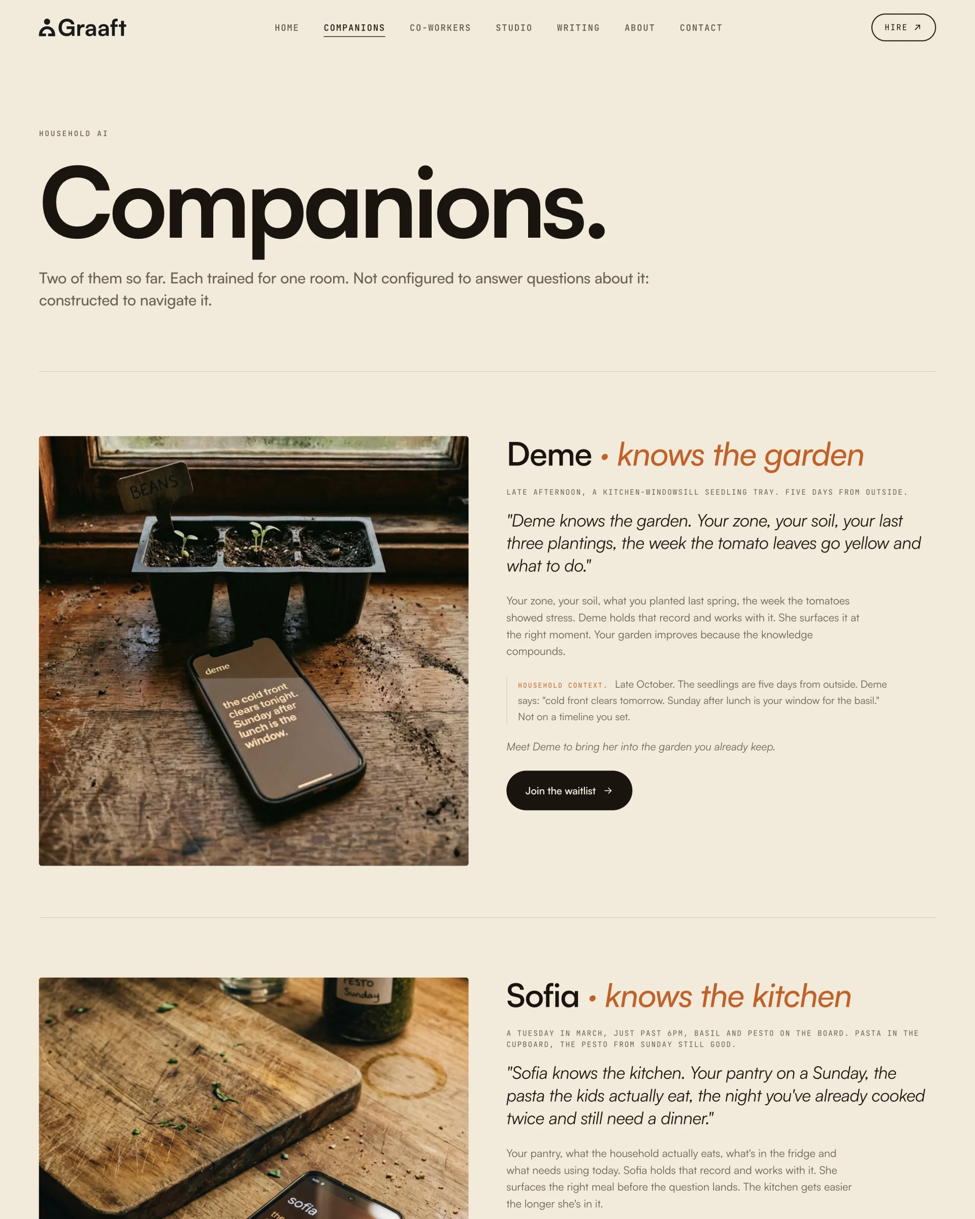 The Companions page from its real top: Companions., Deme, who knows the garden, then Sofia, who knows the kitchen.