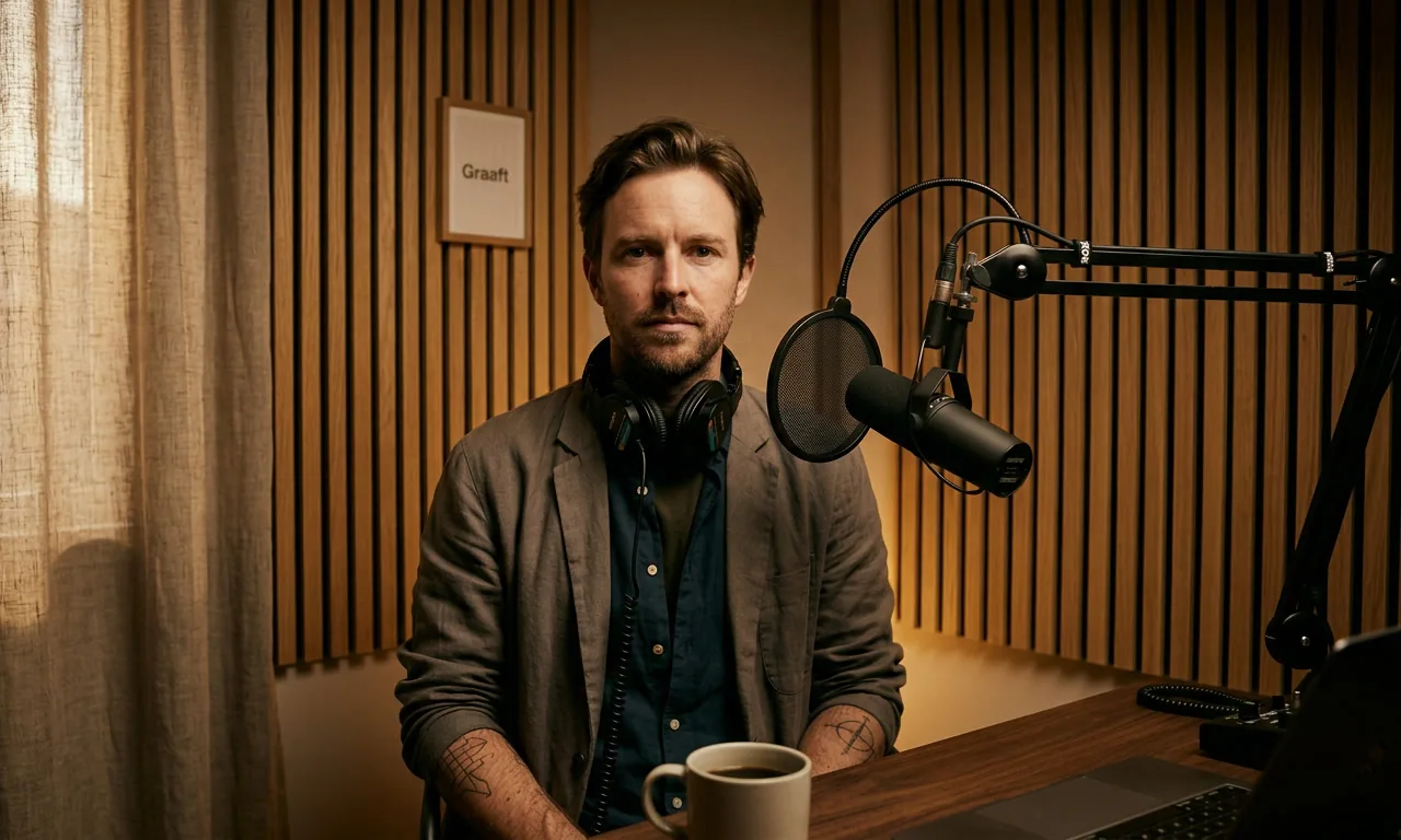 Felix at his desk in Graaft’s studio, headphones round his neck, a microphone on its arm beside him.