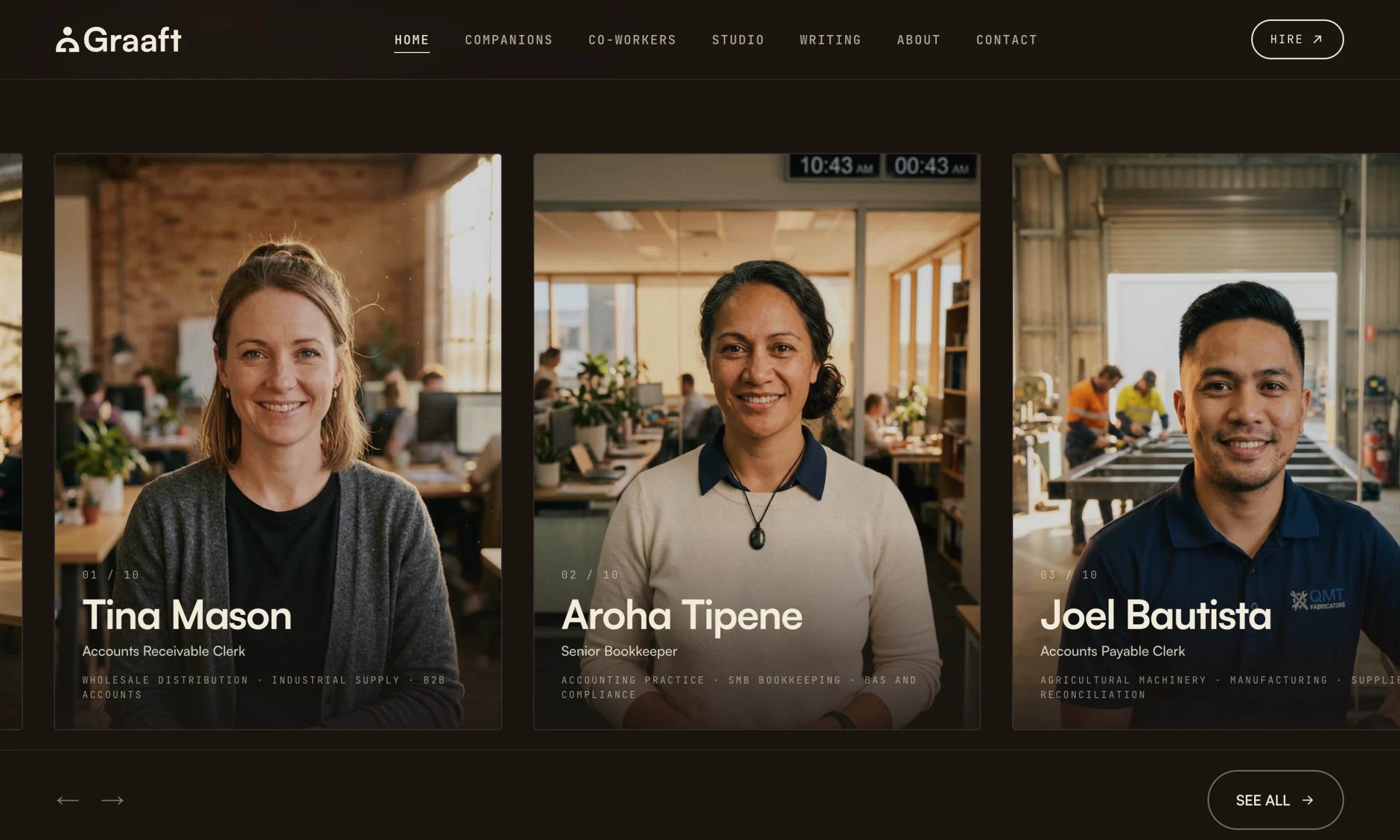 The home page’s co-workers on ink, from the top of the screen: the nav, Tina Mason, Aroha Tipene and Joel Bautista’s cards, the arrows and See all.