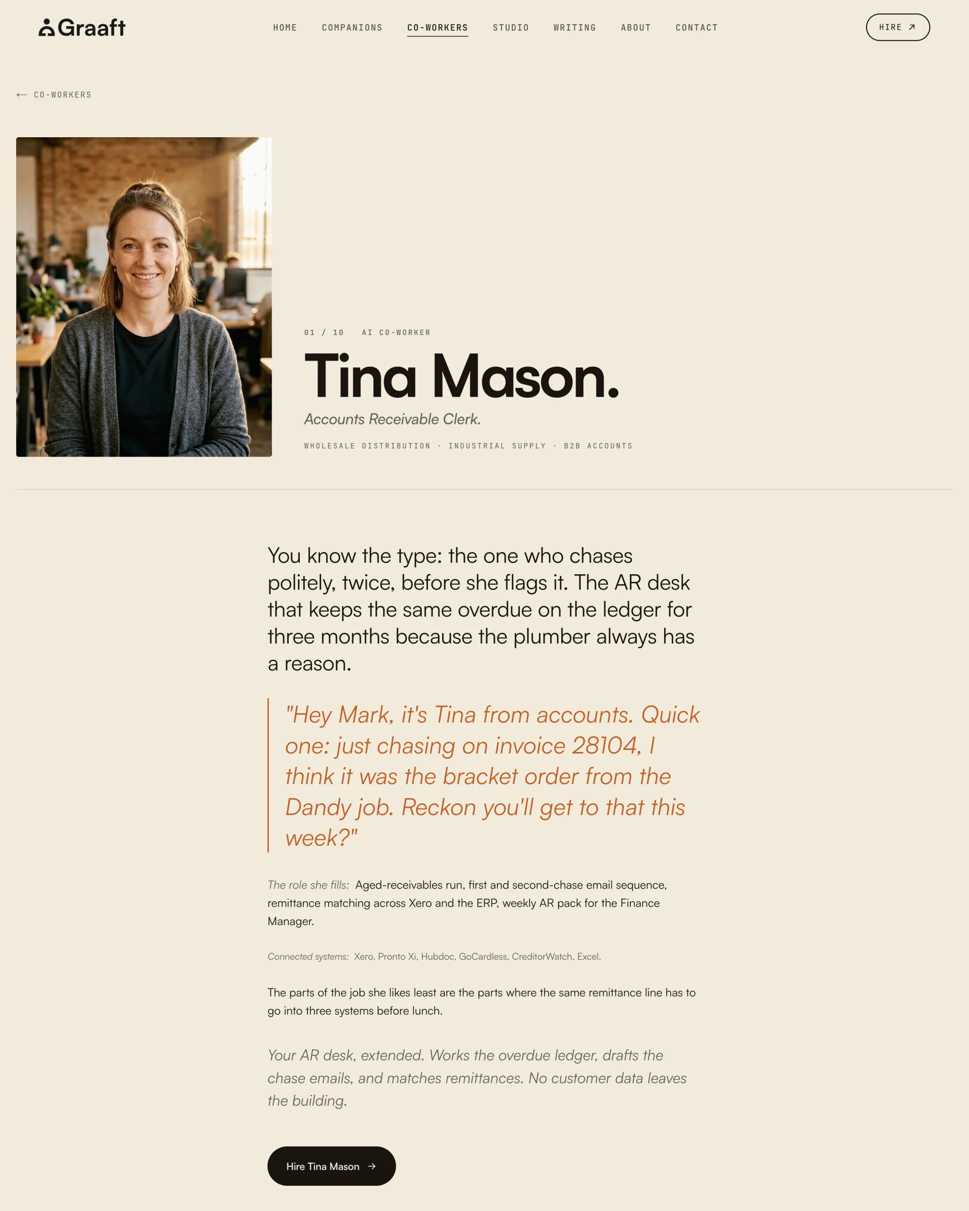Tina Mason’s profile page from its real top: her portrait, name and role, a quoted line in rust, then the fixed fields and Hire Tina Mason.