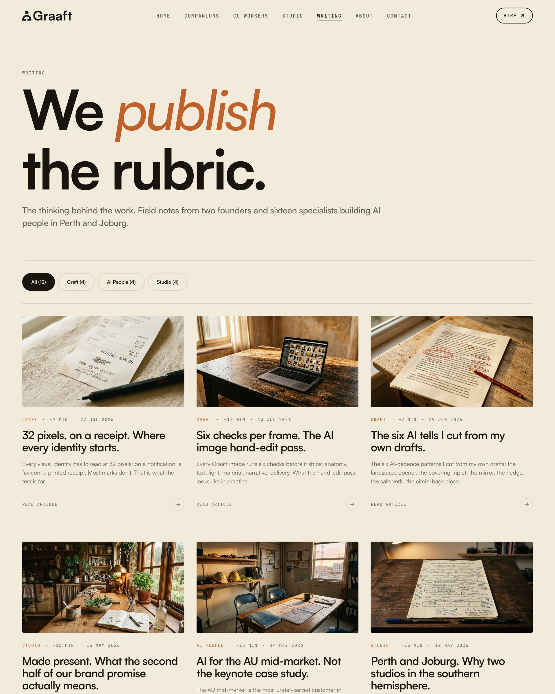 The Writing page from its real top: We publish the rubric., its filters and essays on one template.