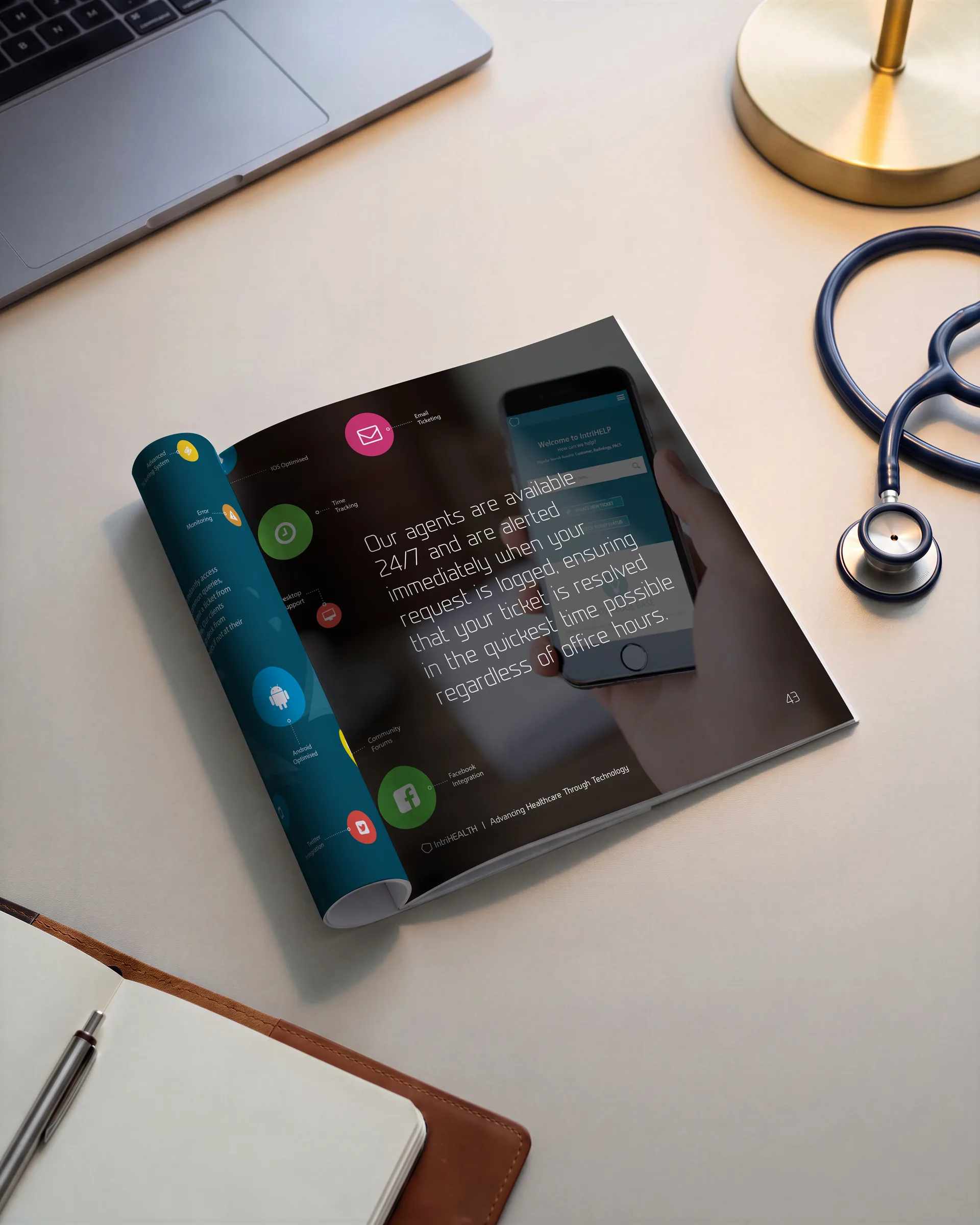 One of the brochure’s spreads, open flat.