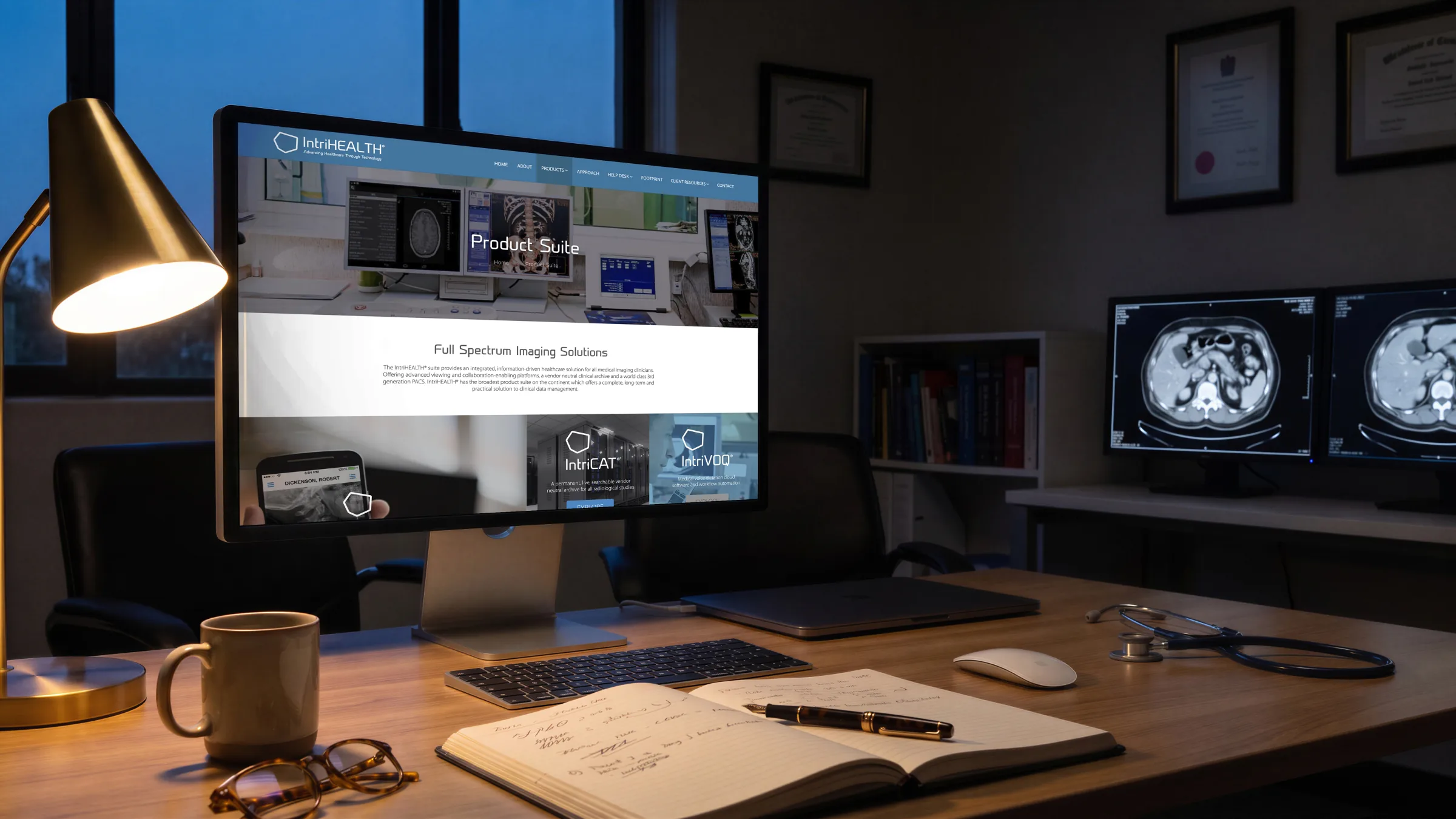 A frame from the logo animation: scan types converging on the IntriHEALTH logo.