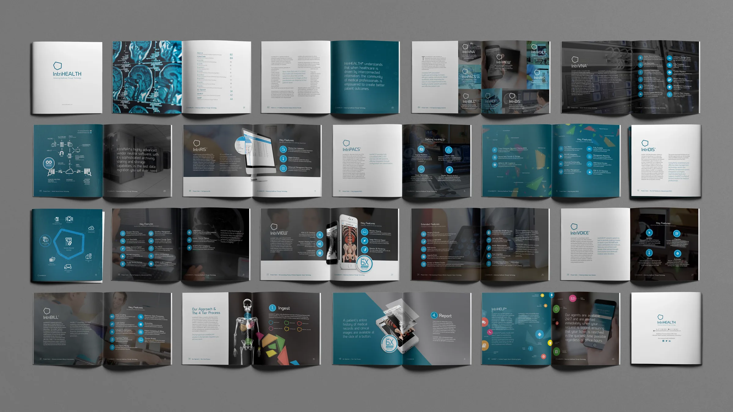 The product suite page: all eight products as one grid of blue tiles.