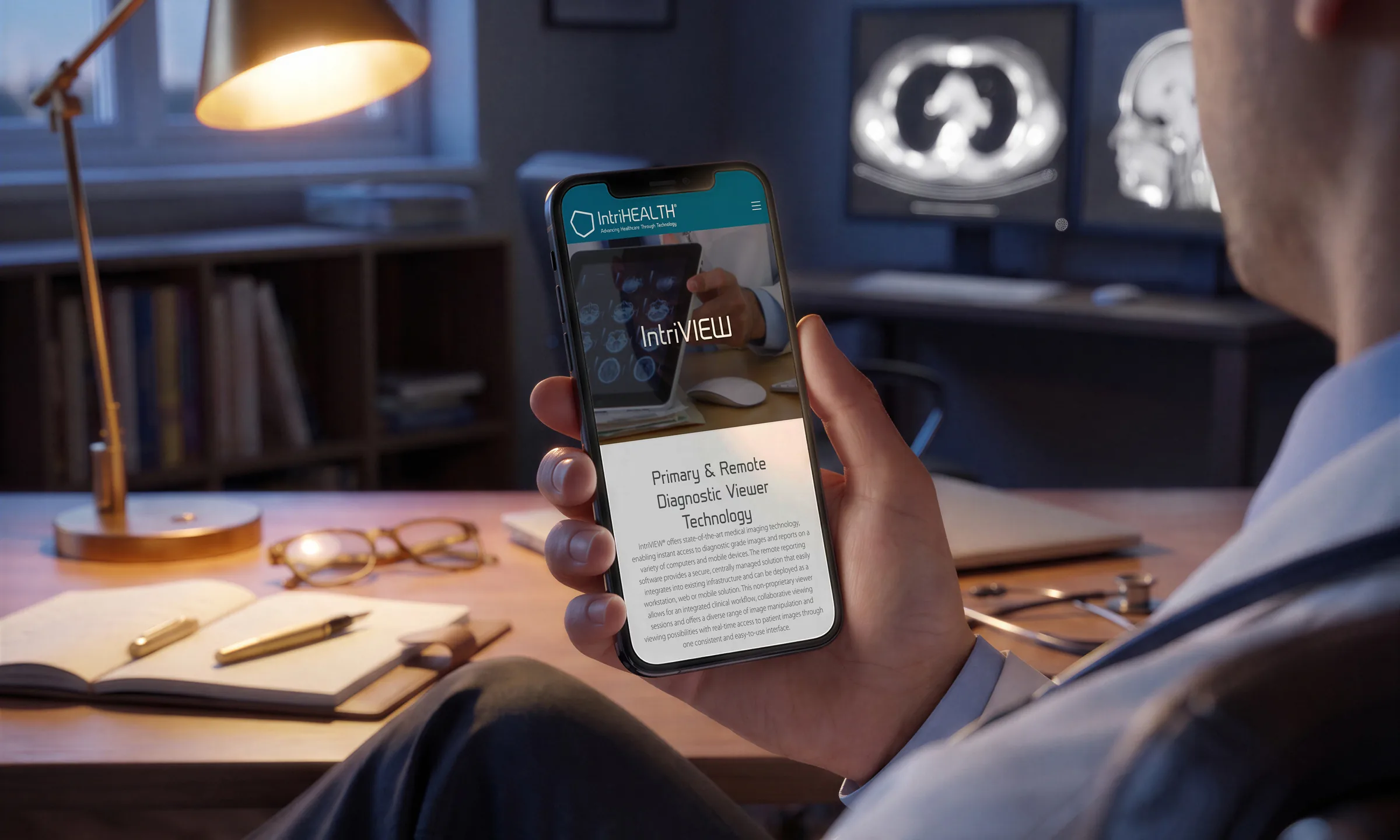 A doctor reading the site on a phone in his office at dusk, seen over his shoulder.