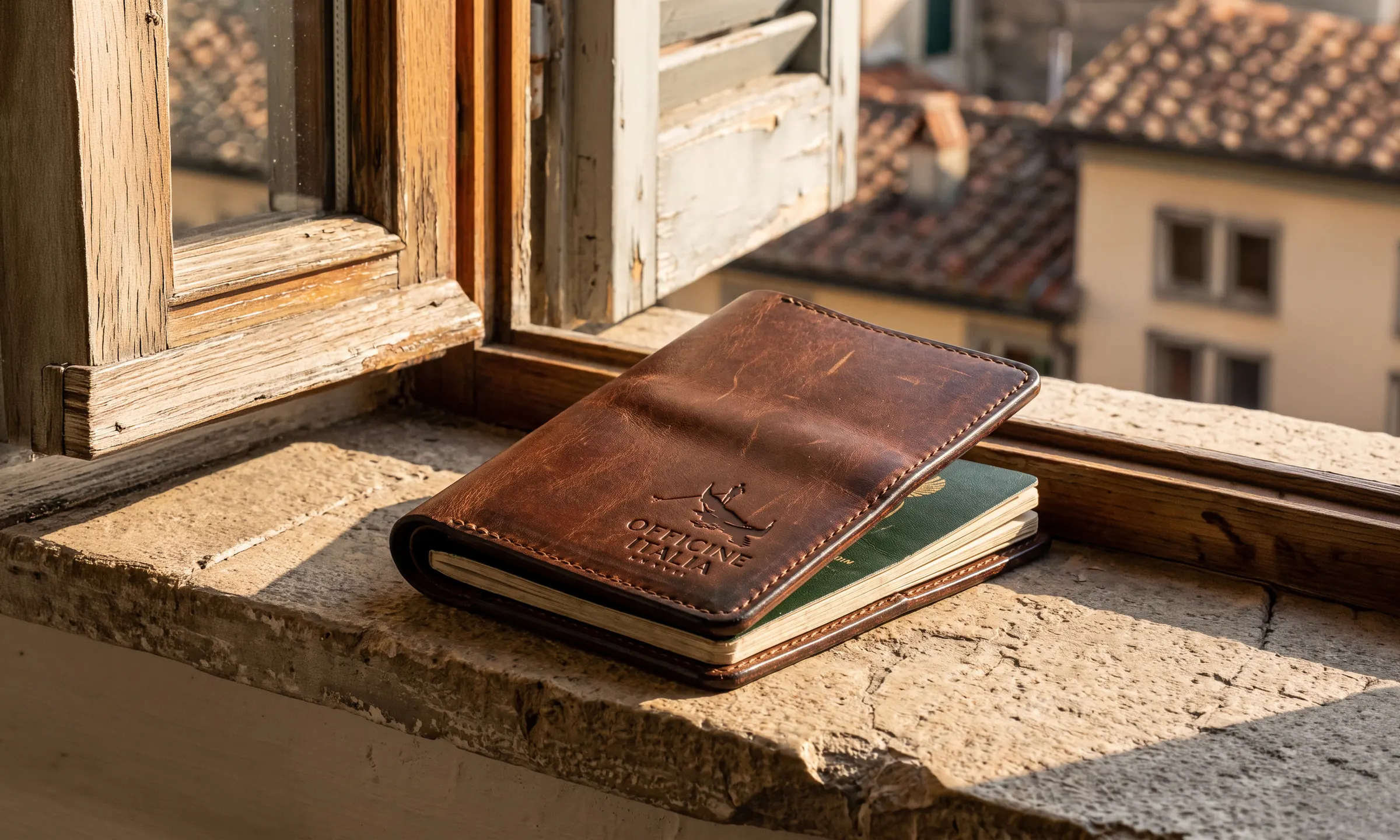 A leather holdall on a trunk in a warm Italian room, an Officine Italia tag on its handle.