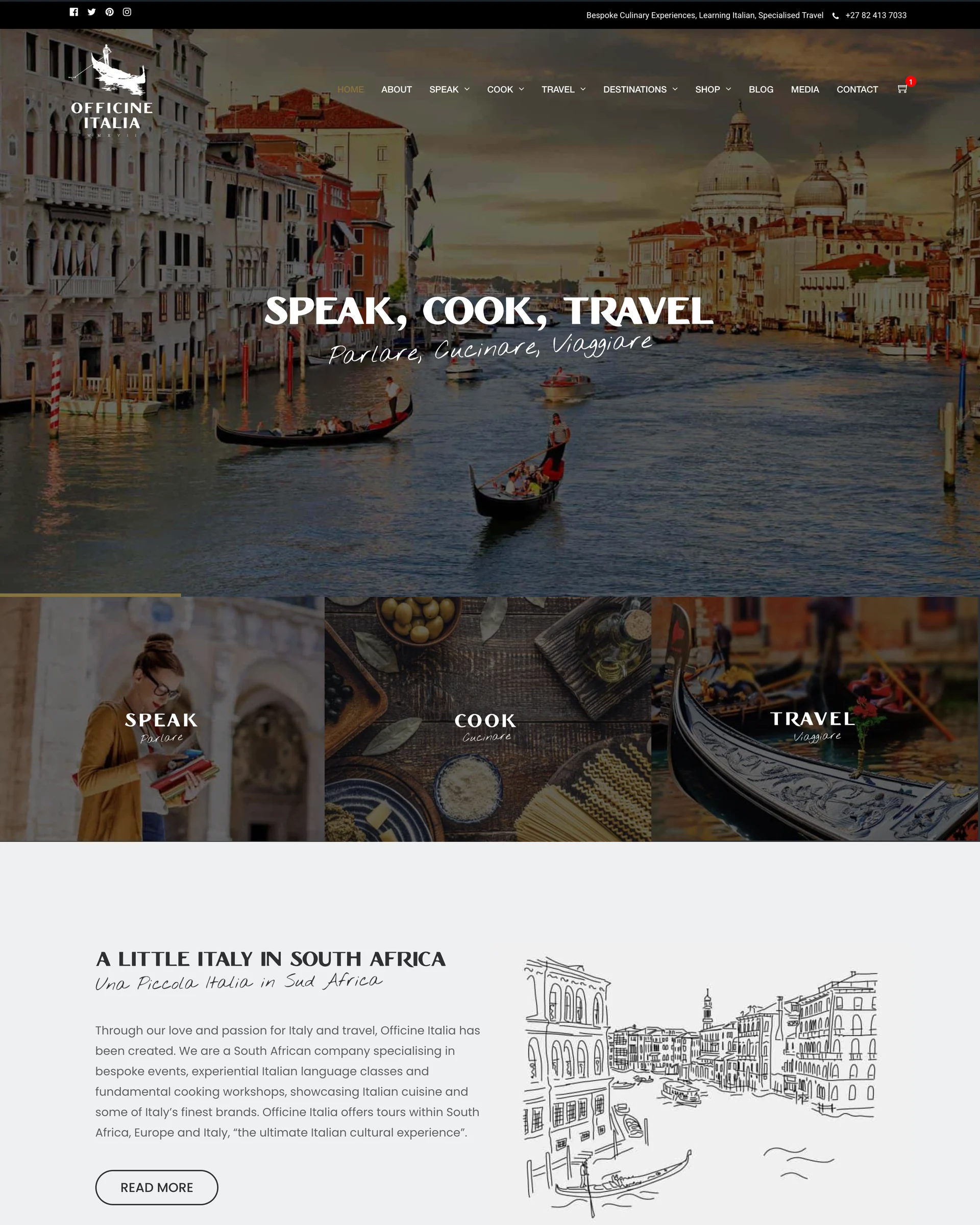 The site on a phone in an aeroplane seat, Speak and Cook showing.