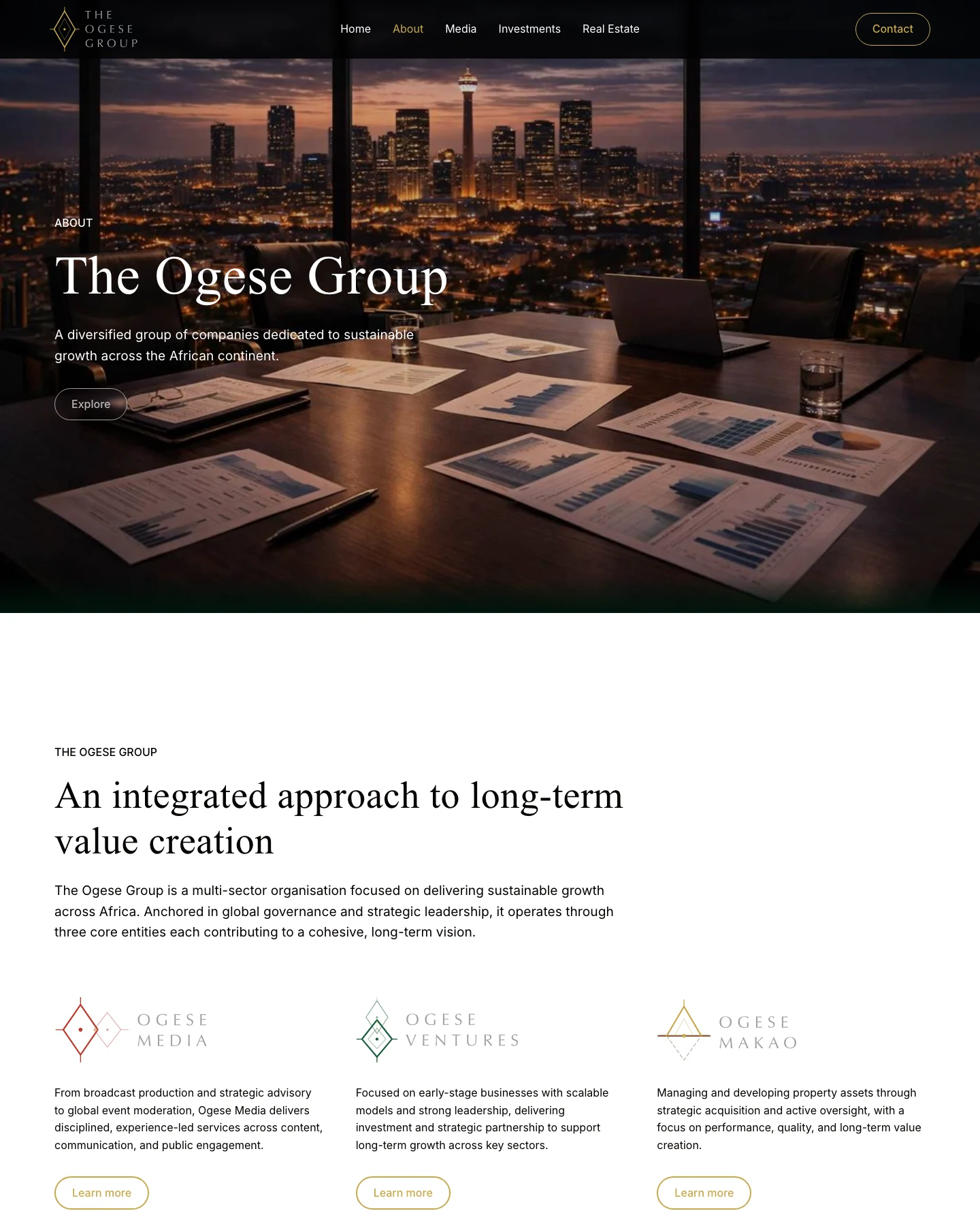 The About page from its top: The Ogese Group over the boardroom, then the three companies, each under its own mark.