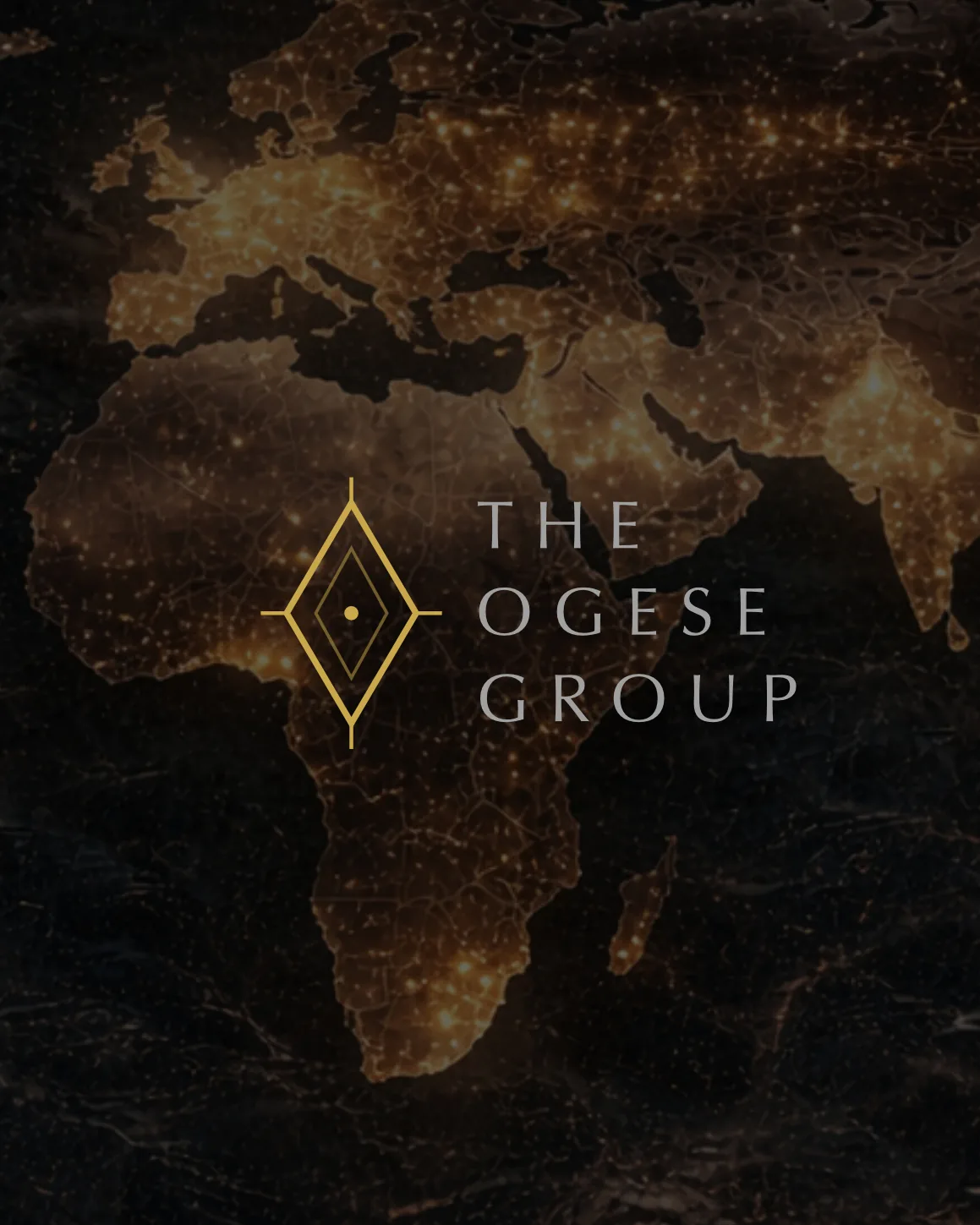 The lockup in gold over a dark map of Africa traced with city lights.