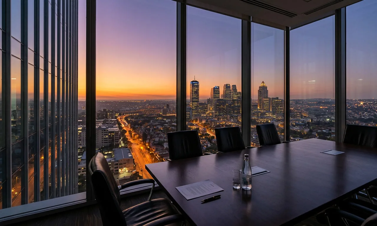 A high-floor boardroom at sunset, Ogese Group papers laid along the table.