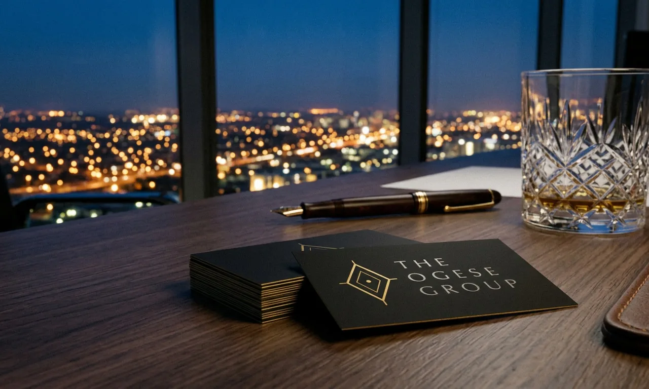 The cards on a boardroom desk at night beside a fountain pen and a cut-crystal glass.