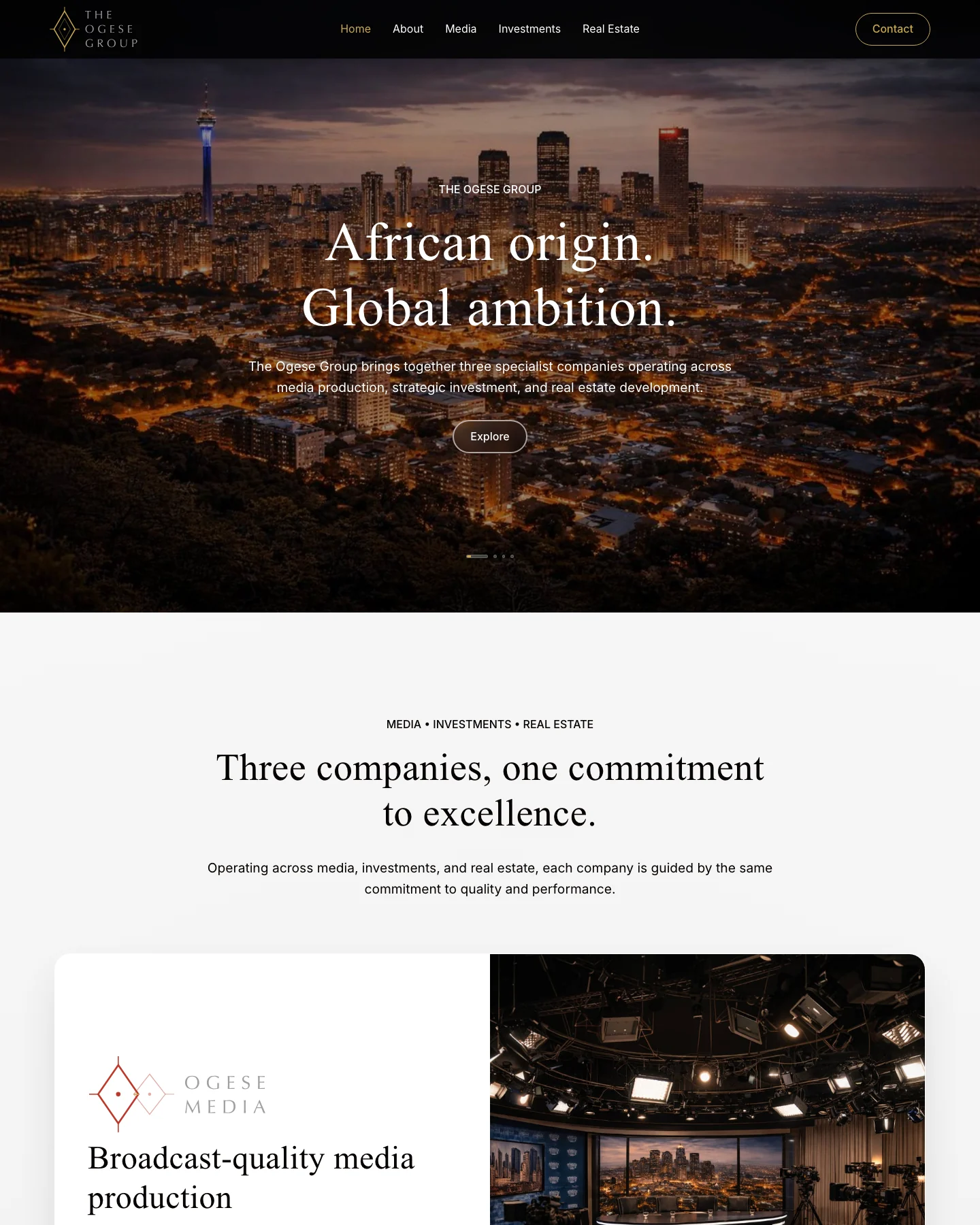 The home page from its top: African origin. Global ambition. over the city at night, then Three companies, one commitment to excellence.