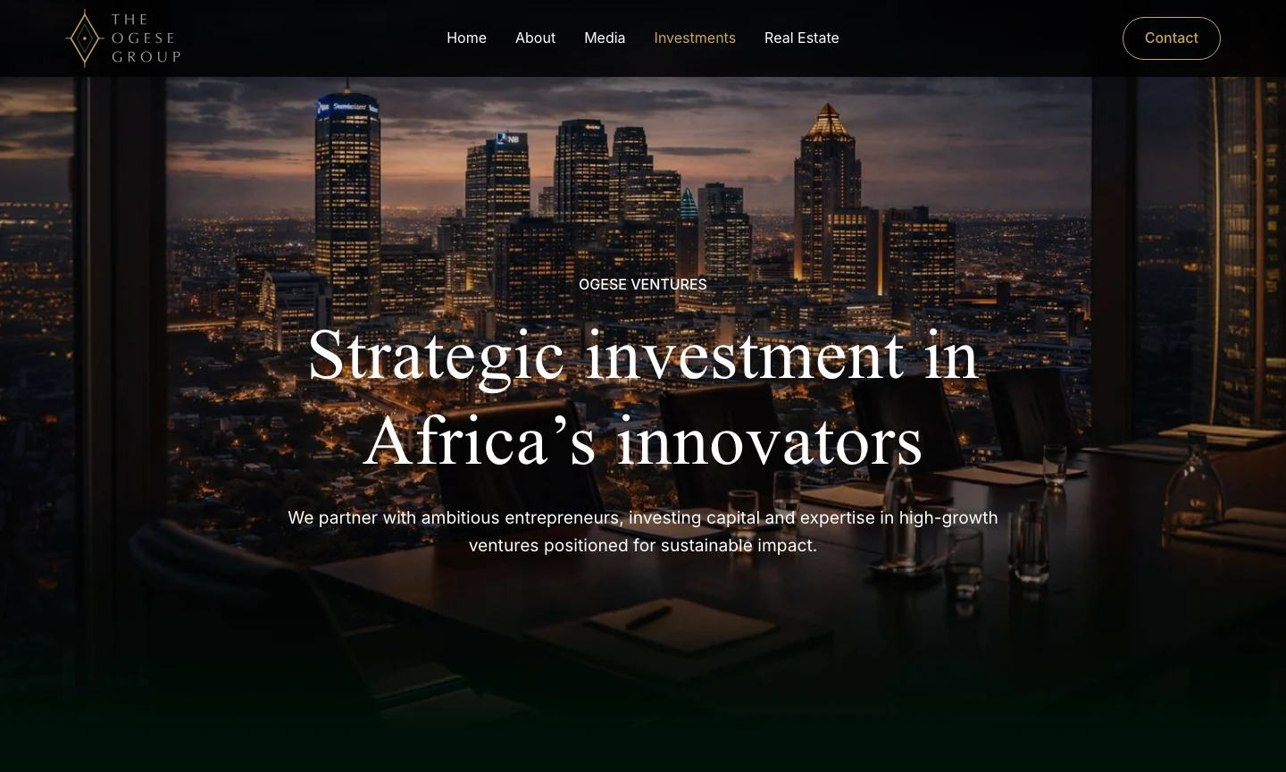 The Investments page from its top: Strategic investment in Africa’s innovators, over a city at night.