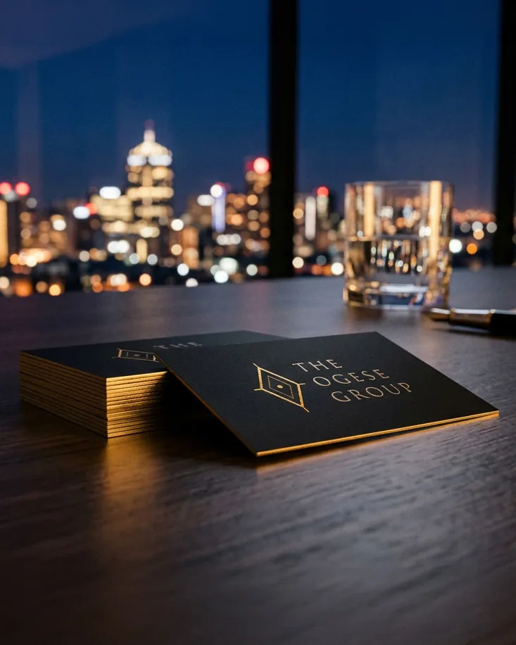 Black cards with gilded edges, the monogram in clear varnish, a lit skyline behind.
