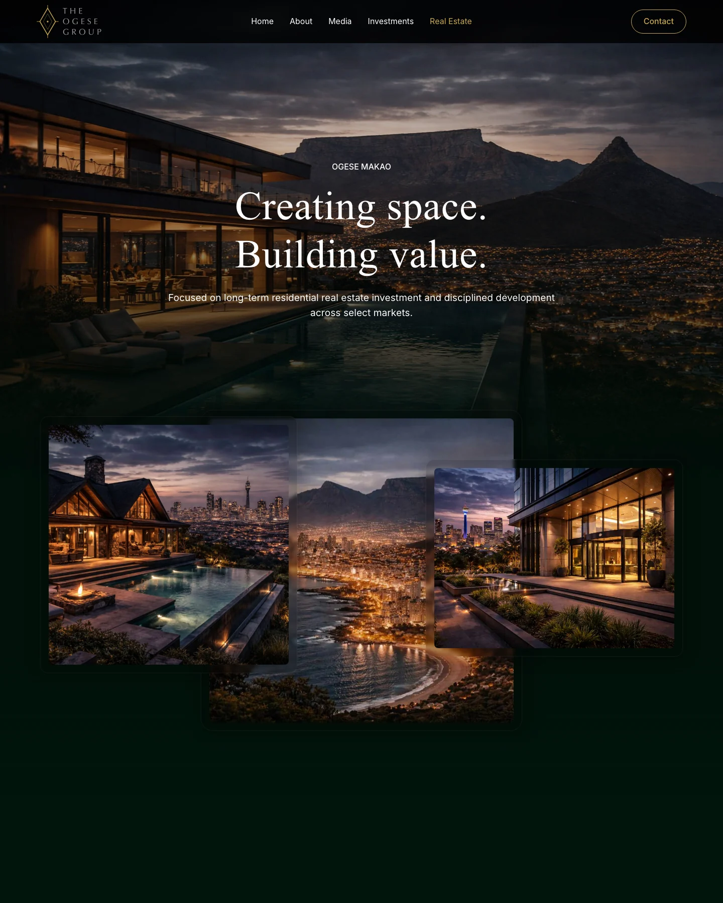 The Real Estate page from its top: Creating space. Building value. over the coast at dusk, then three of its homes.