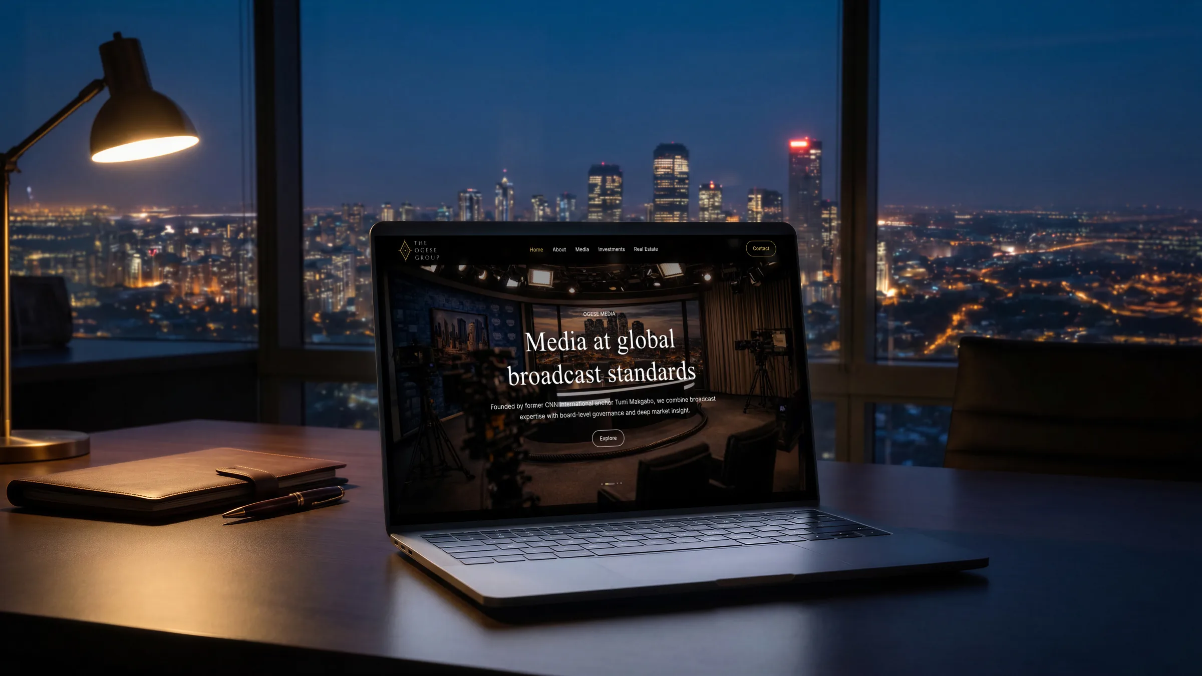 Still from the site in use: a full-screen business slide, gold navigation on onyx.