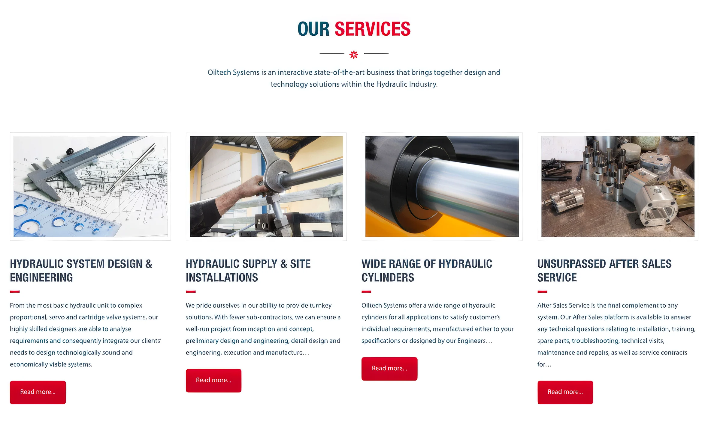 The About page from its top: About Us over the workshop, then the company's story.