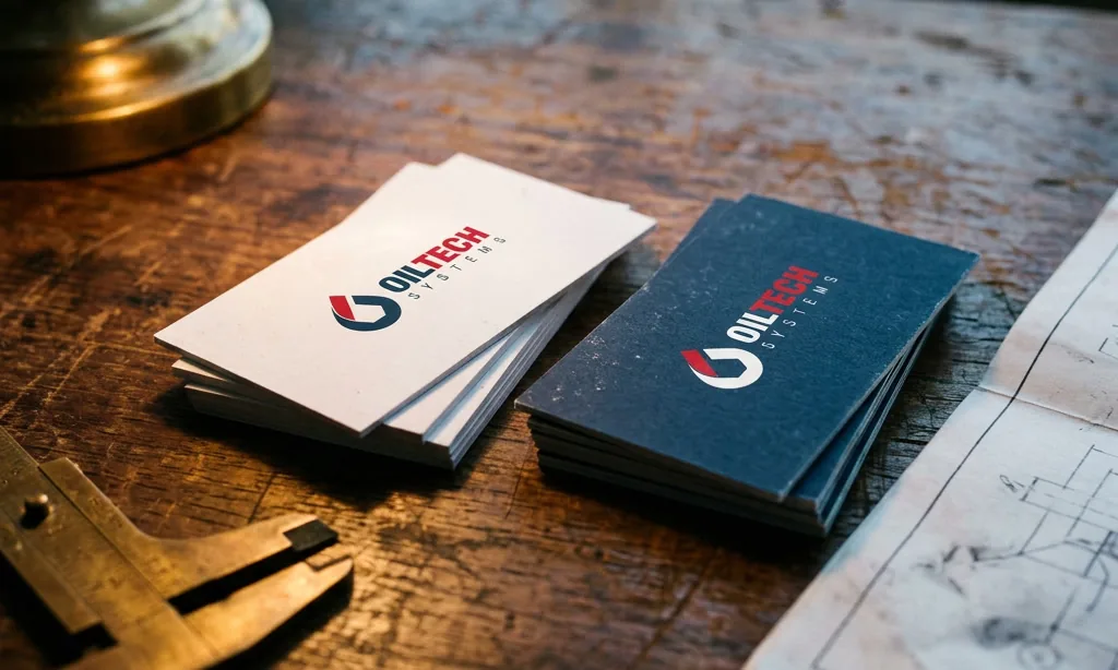Navy and white business cards on a worn desk beside callipers and a hydraulic schematic.