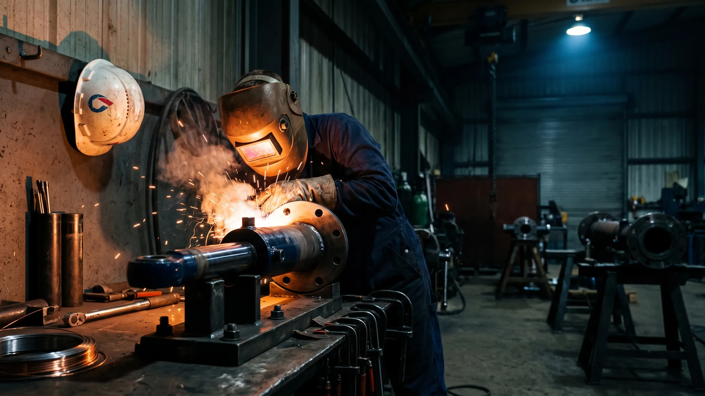 A fabricator welding a cylinder flange, sparks flying, an Oiltech hard hat on the wall.