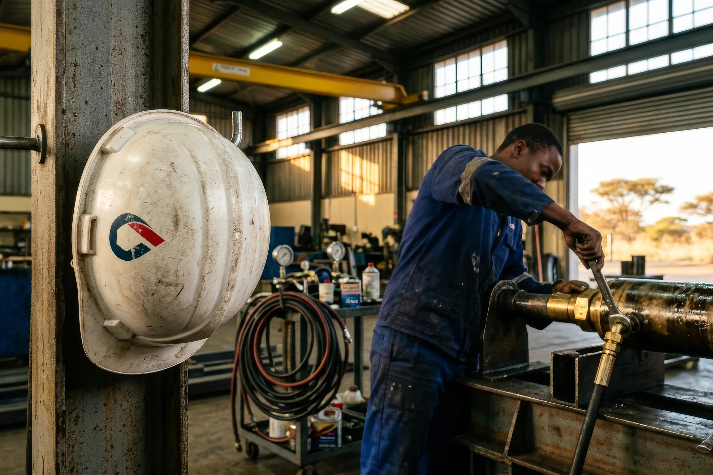 A fitter tightening the fittings on a hydraulic cylinder's flange, an Oiltech hard hat and drawings on the bench.
