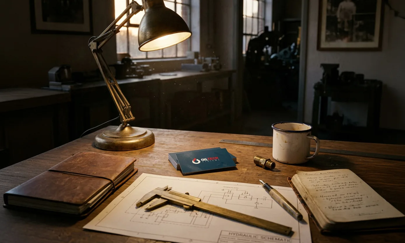 The cards by a brass desk lamp in the drawing office, callipers on a hydraulic schematic.