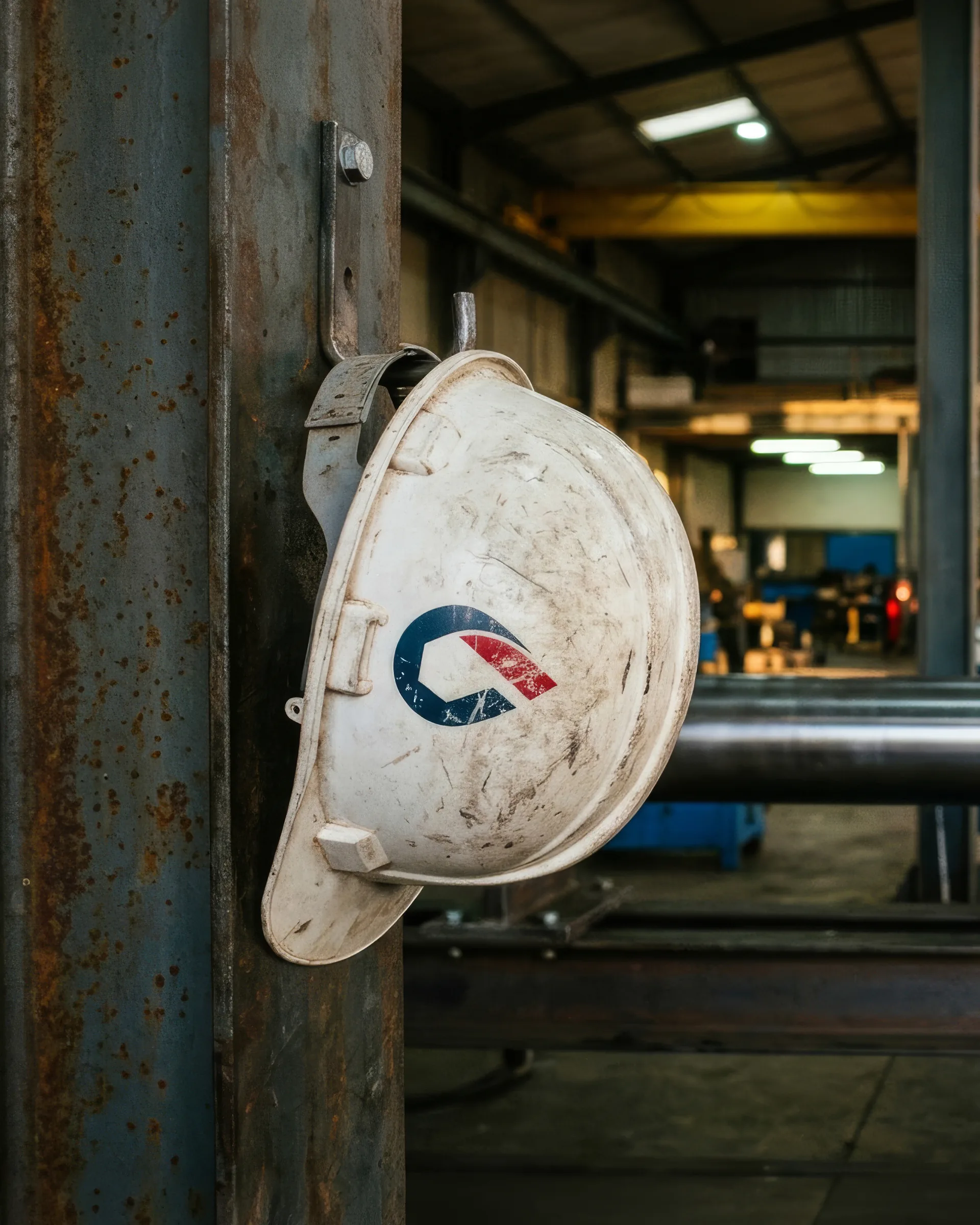 A scuffed white hard hat with the oil-drop monogram, hanging on a rusted steel column.
