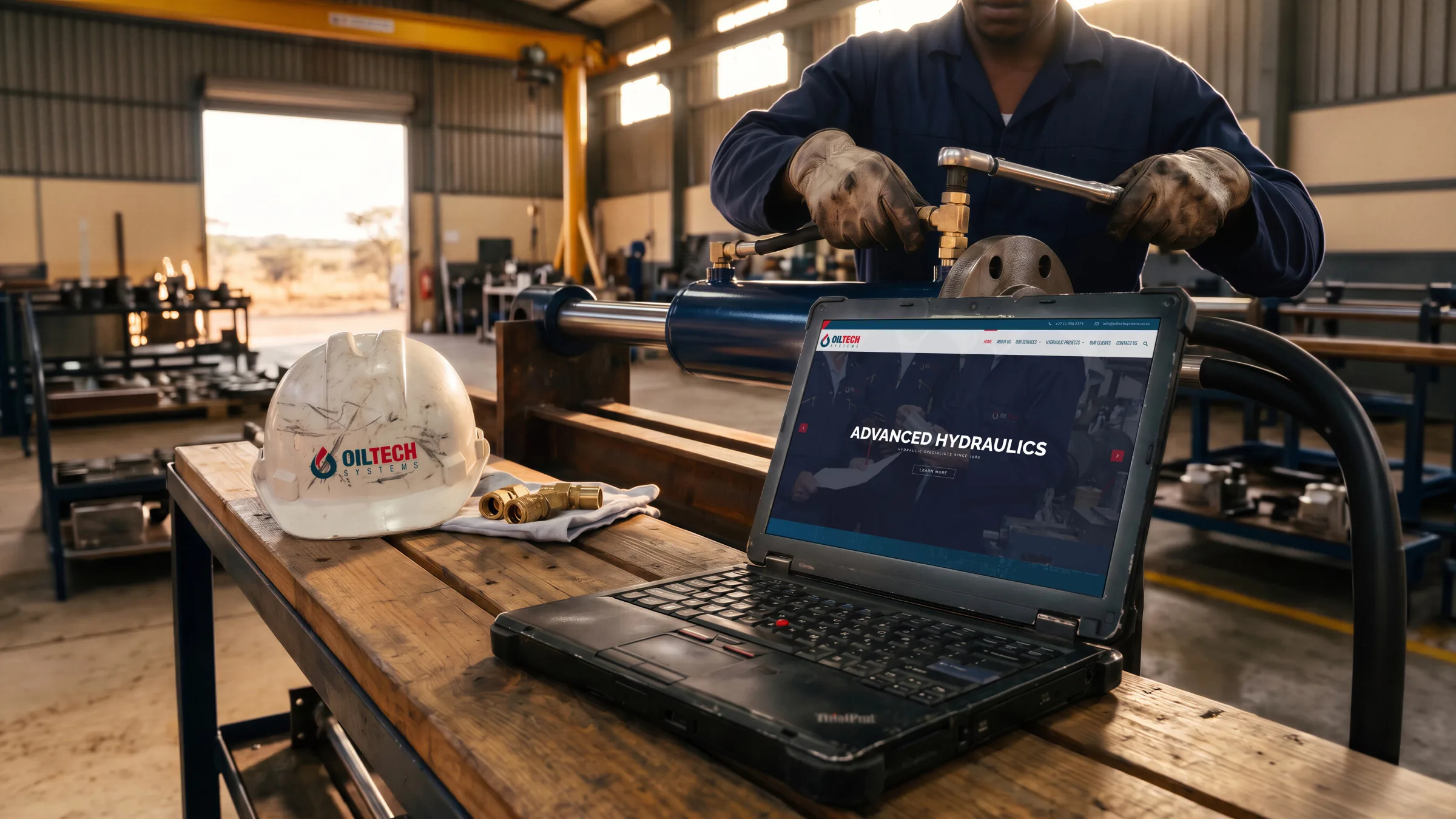 A rugged laptop on a workshop bench showing the home page, Advanced Hydraulics, the hard hat beside it and a fitter at the cylinder behind.