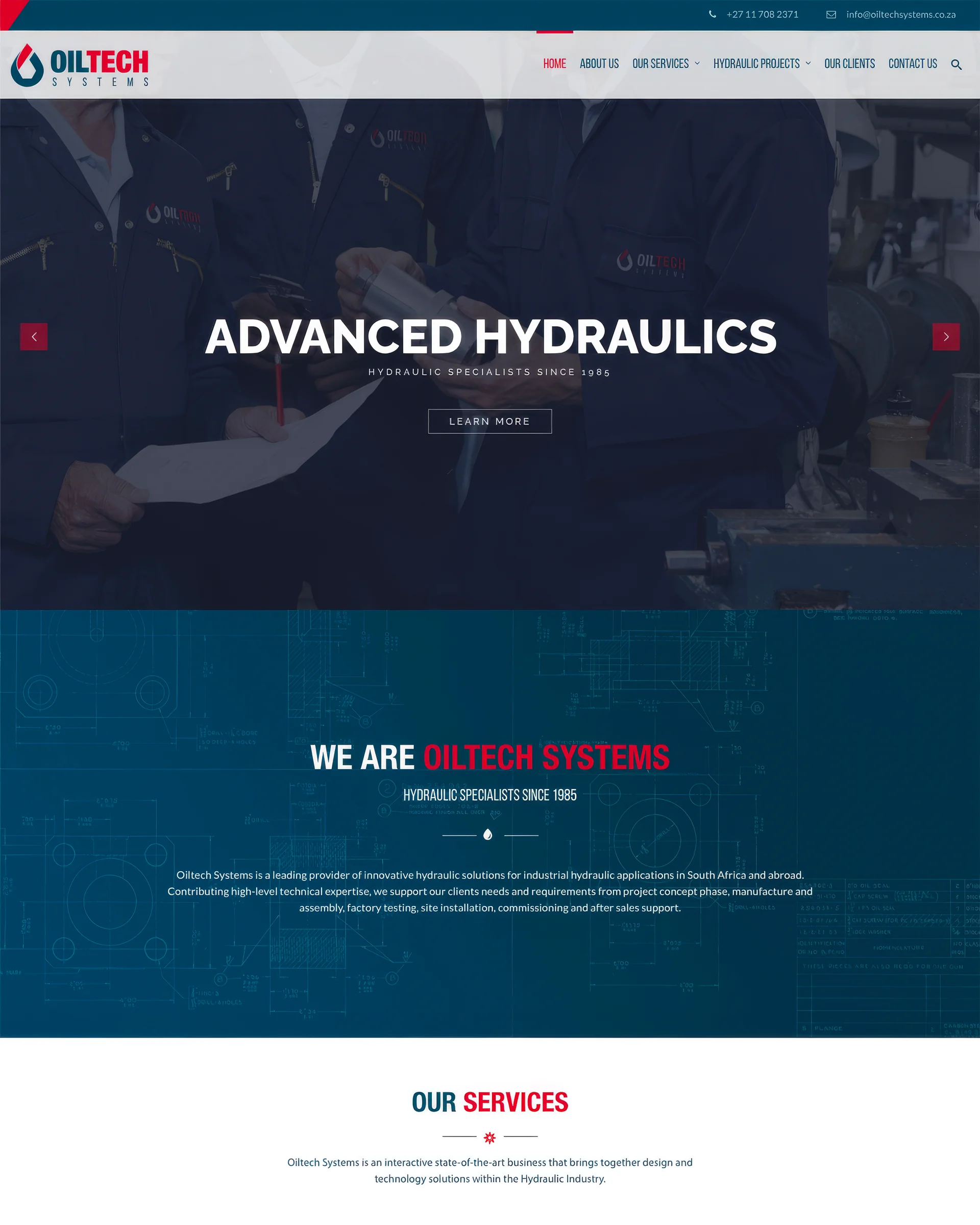 The home page from its top: Advanced Hydraulics, We are Oiltech Systems, then Our Services.