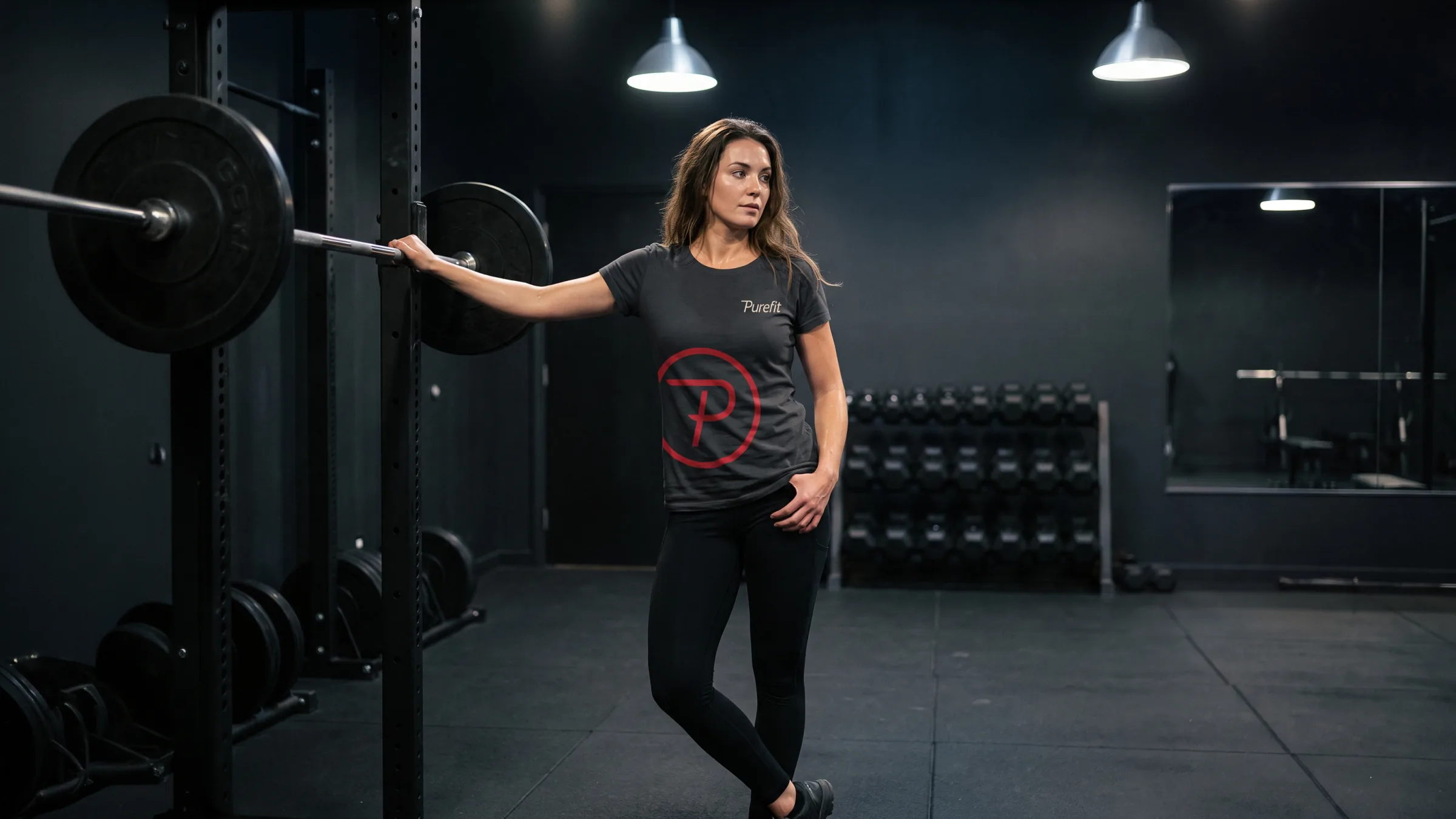 A woman in a charcoal Purefit T-shirt leaning on a squat rack in a dark gym, the red monogram large on the chest and the wordmark small above it.