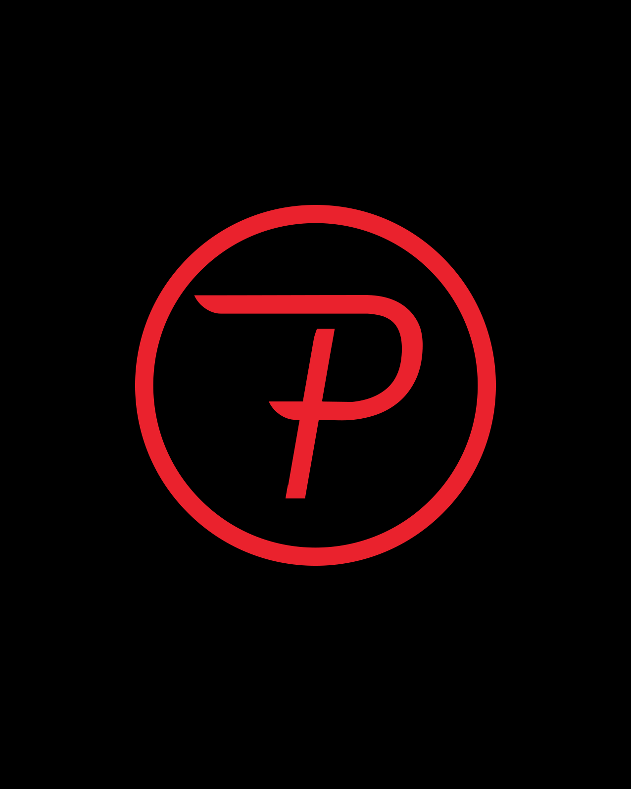 A woman in a charcoal Purefit T-shirt beside a squat rack, the red monogram large on the chest and the wordmark small above it.