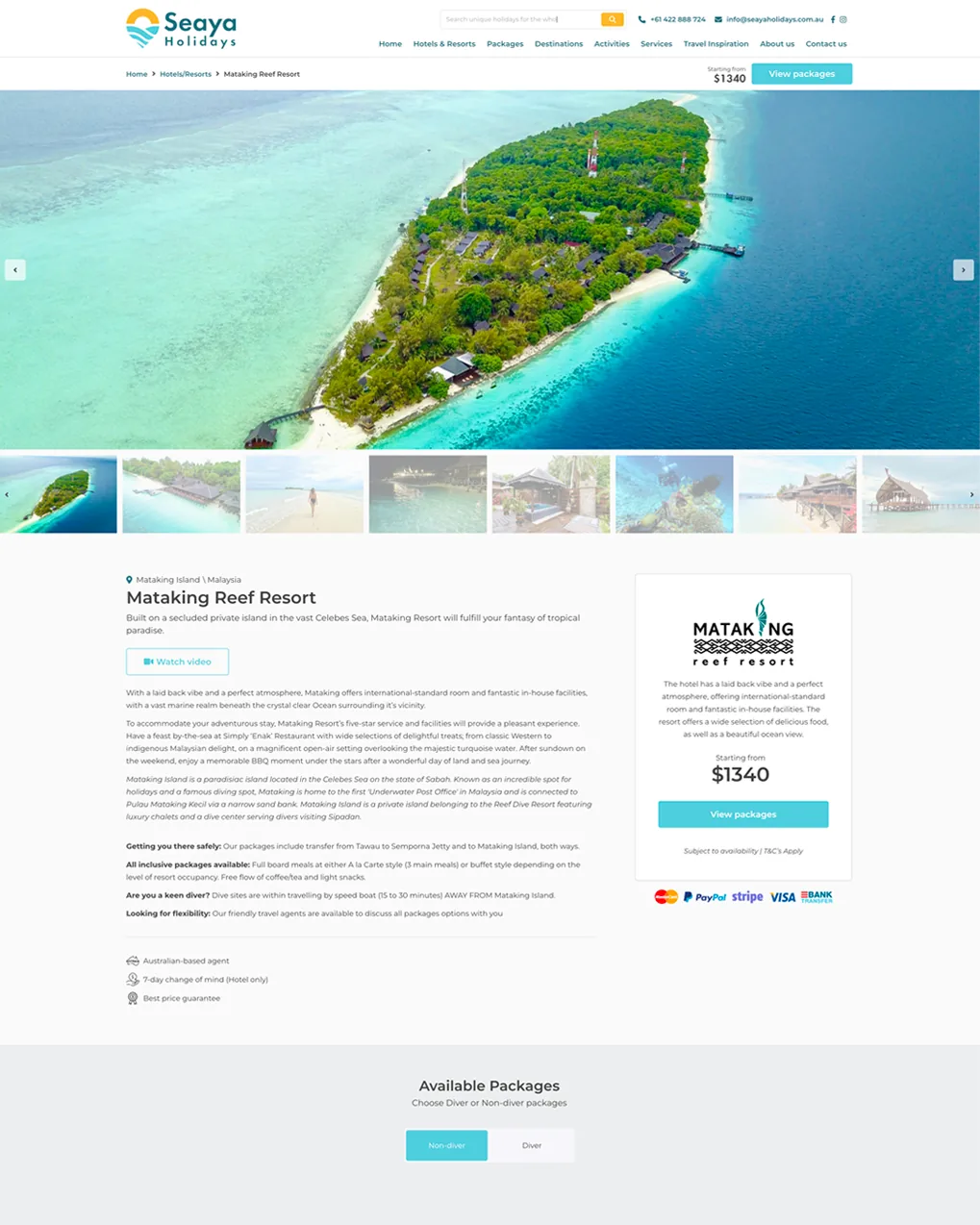 The packages: diver or non-diver toggle above a room, its inclusions and package options.