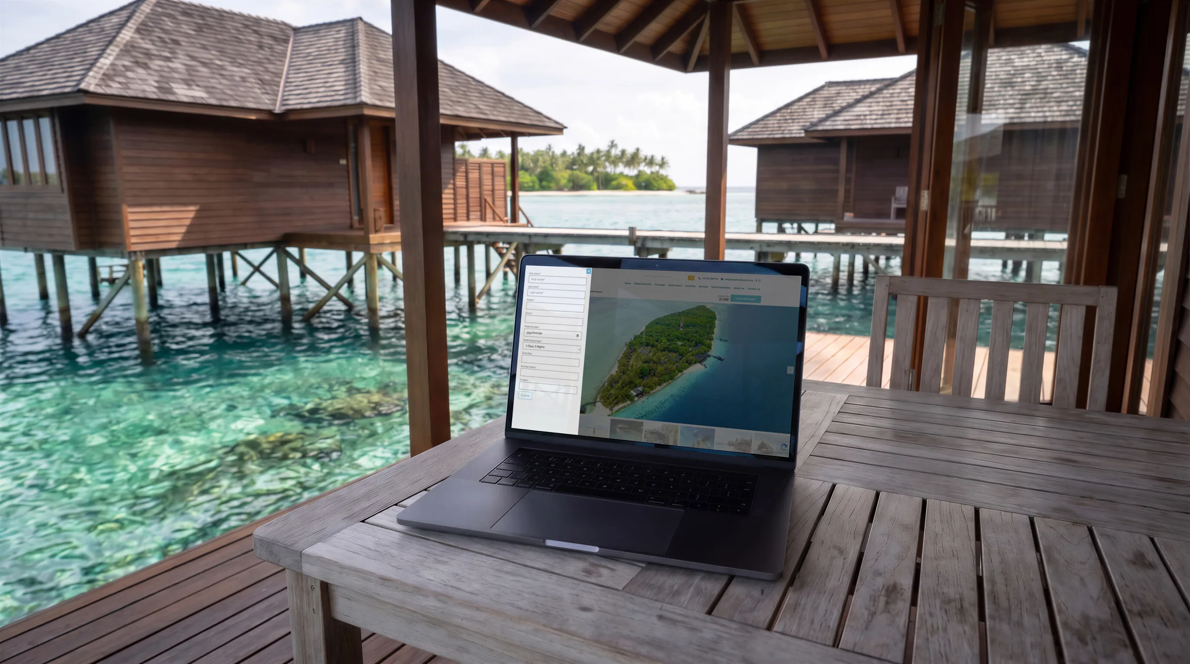 A resort page: island aerial, strip of photographs, starting price and View packages button.